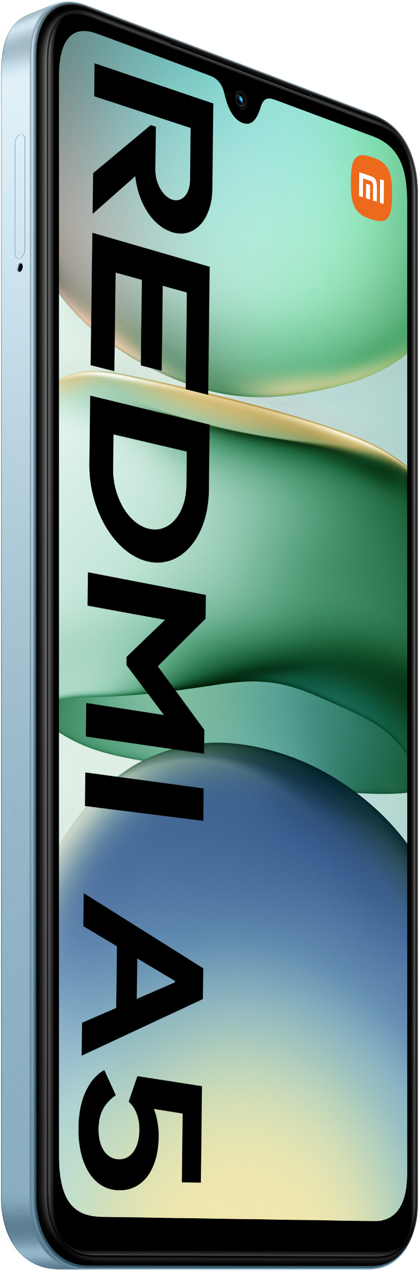 Niebieski profil telefonu. Wyświetlacz pokazuje 'REDMI A5' z abstrakcyjnym, kolorowym tłem.