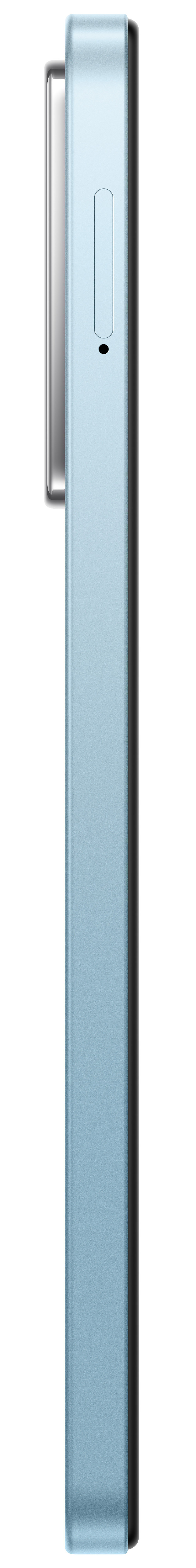 Niebieski telefon z boku, pokazujący boczne przyciski i aparat.