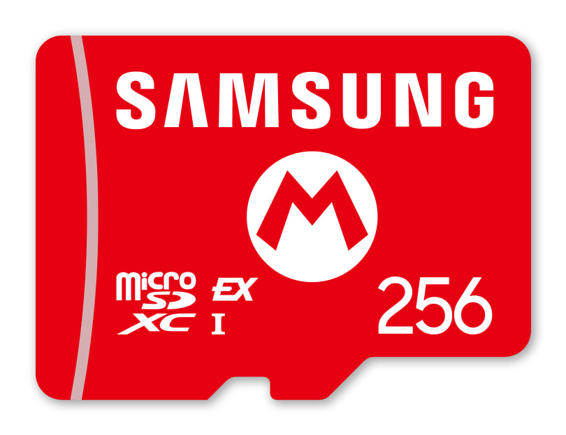 Czerwona karta microSD Samsung z logo Mario 'M' i pojemnością 256, z nazwą marki na górze.