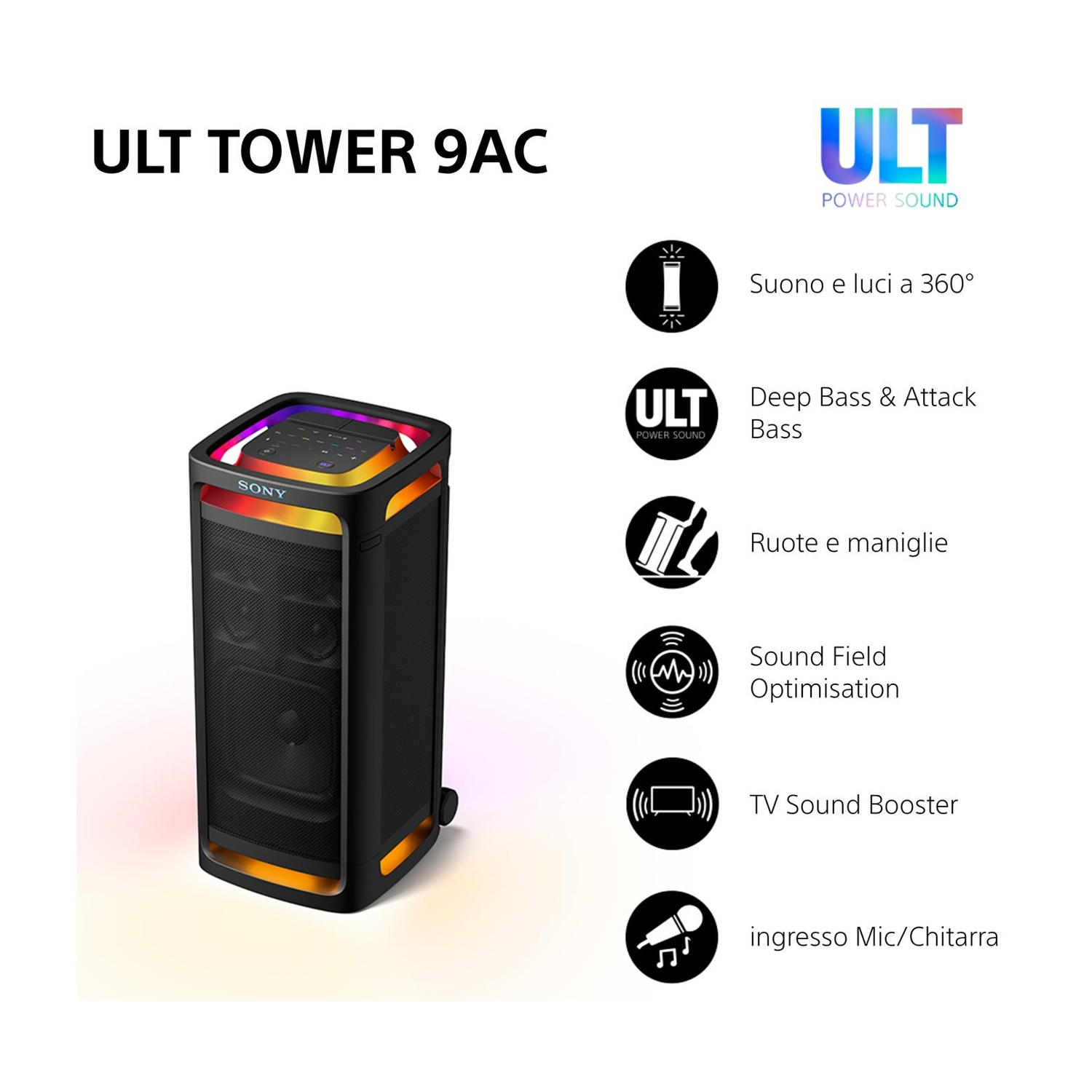 Un altoparlante a torre nero e arancione con logo Sony e icone.