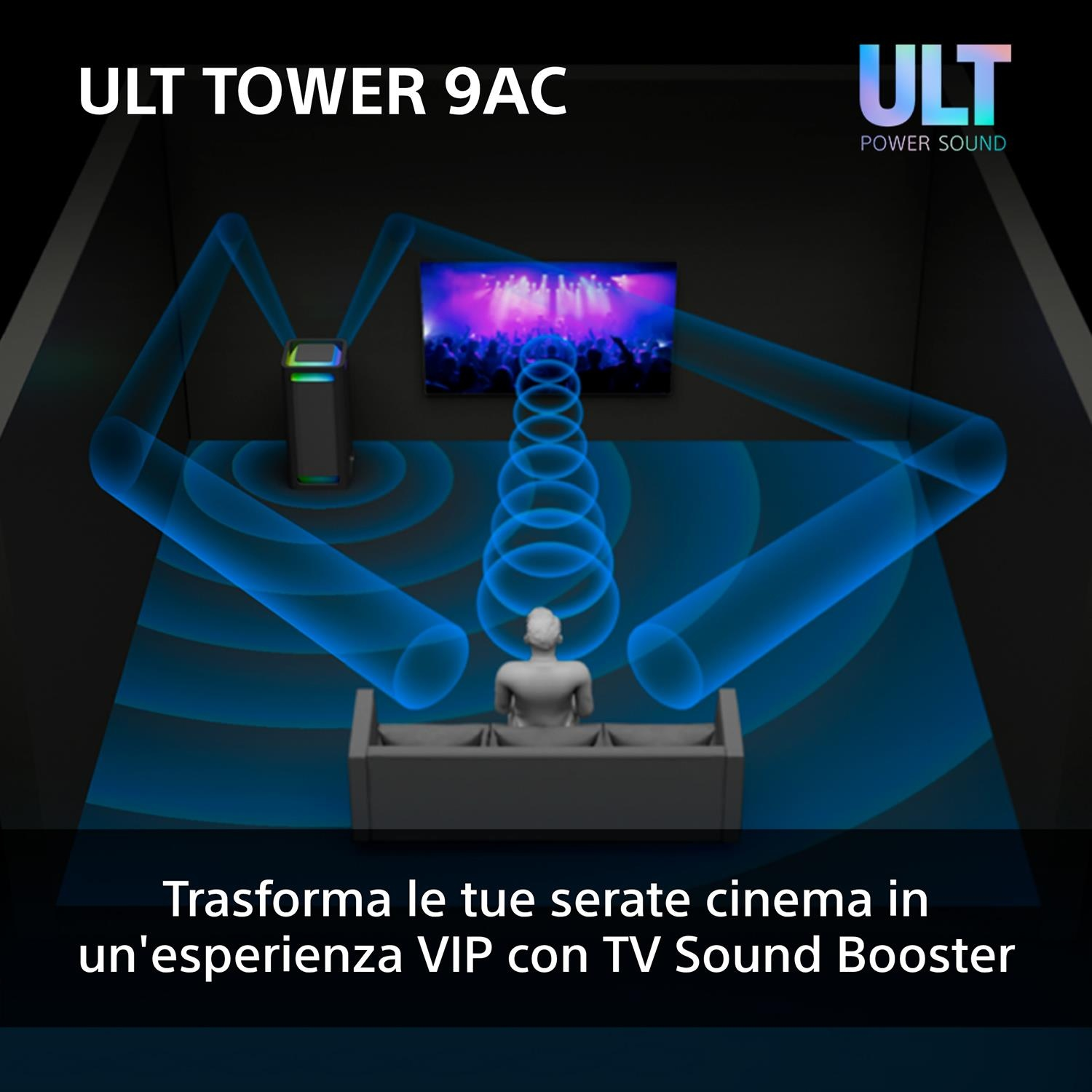Una pubblicità per un altoparlante, che mostra una persona su un divano. Onde sonore blu.