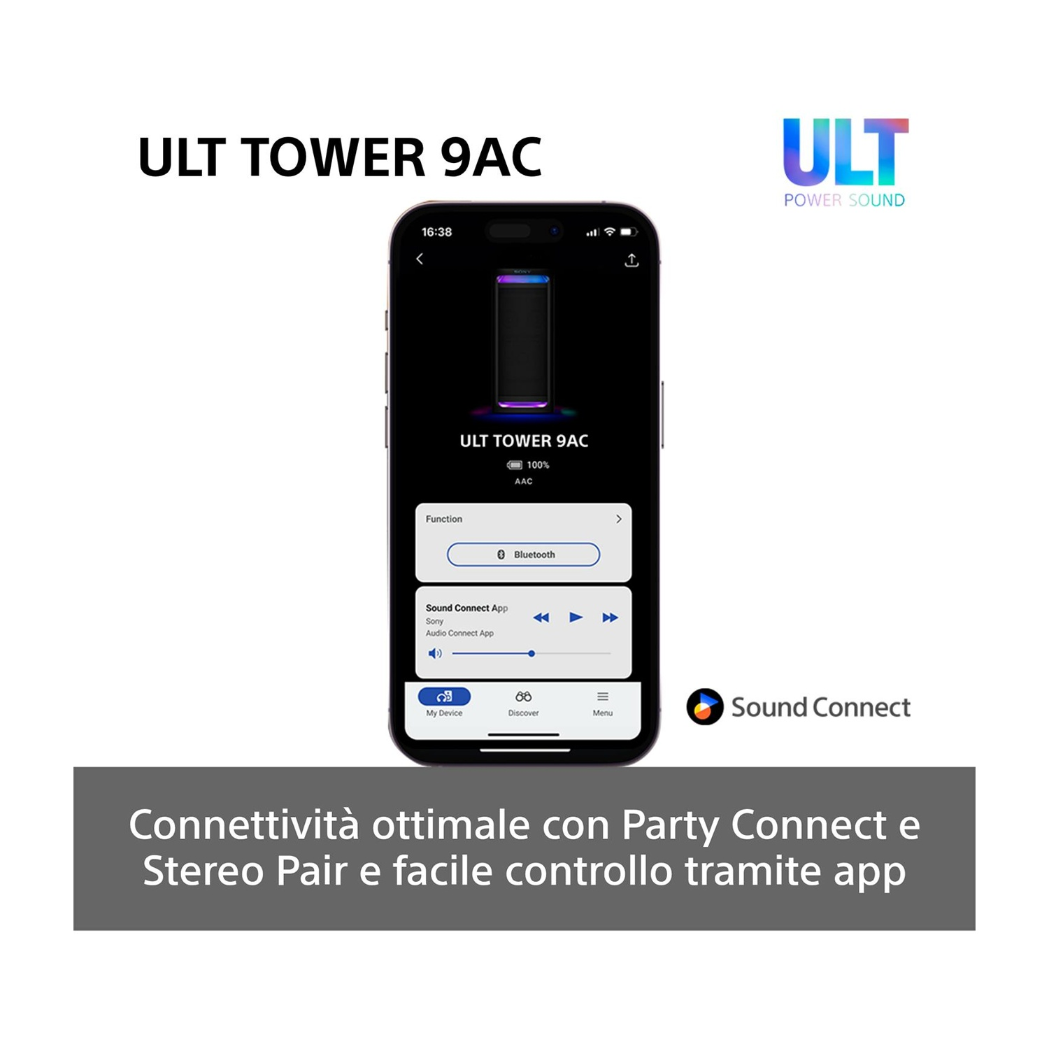 Uno schermo di smartphone che mostra un'interfaccia dell'app altoparlante, con testo e icone.