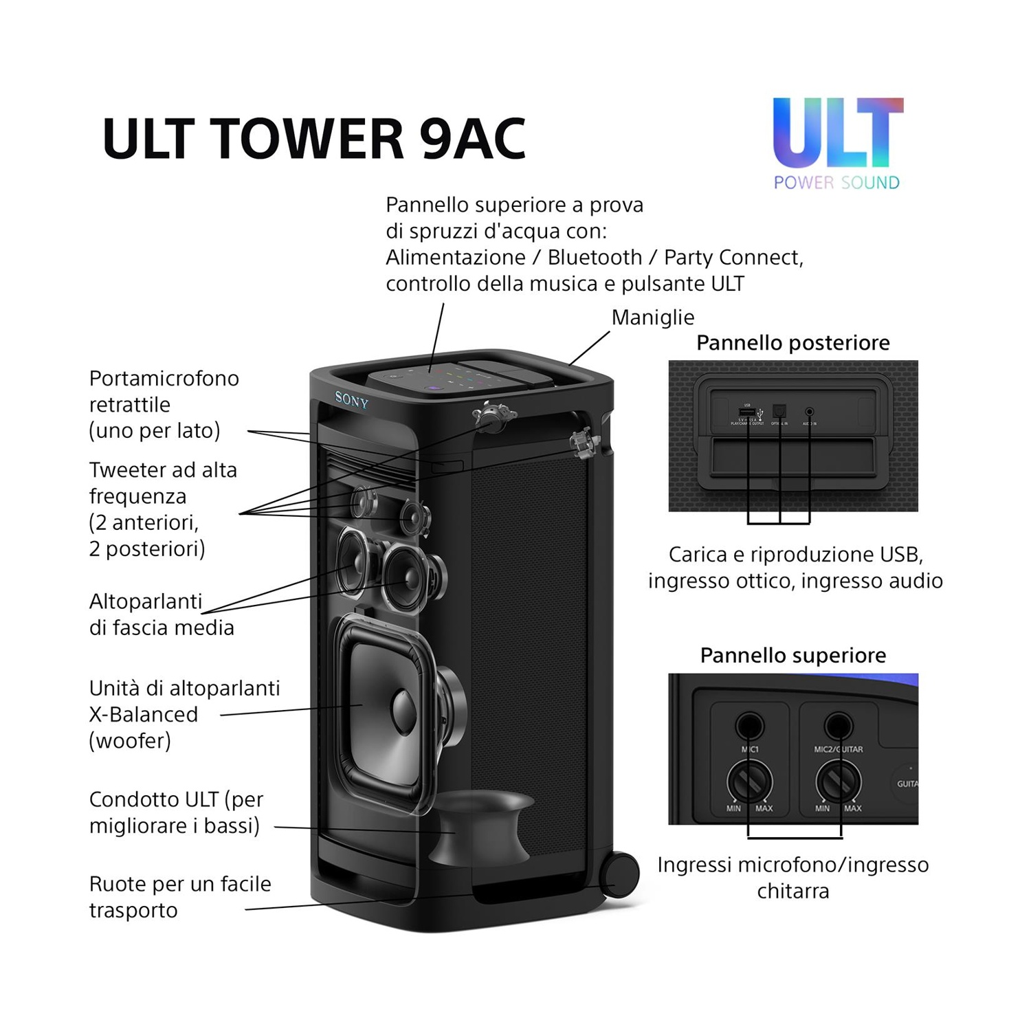 Altoparlante nero con etichette. Ha porte e controlli. Testo bianco: ULT TOWER 9AC.