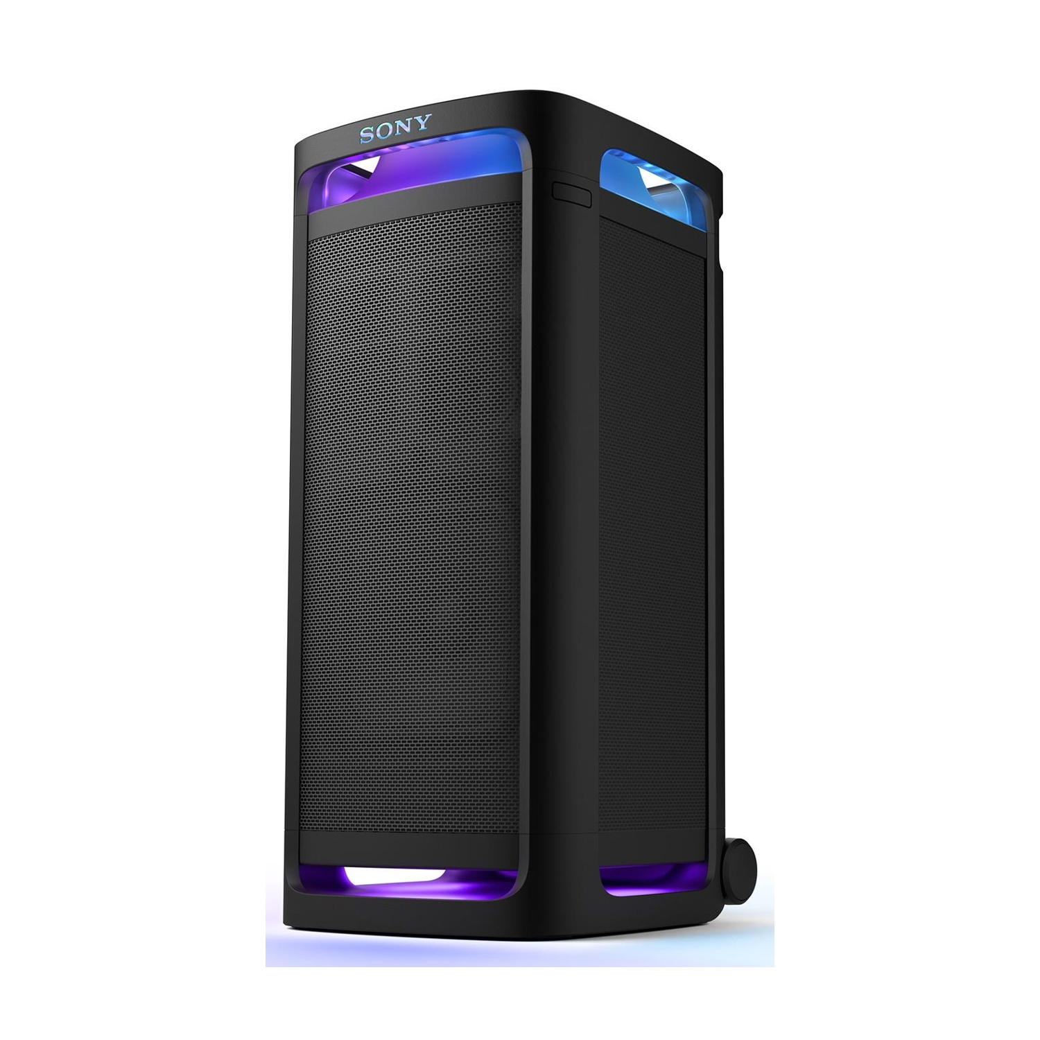 Un altoparlante nero con luci blu e viola. L'altoparlante ha una parte anteriore a rete e un logo SONY.
