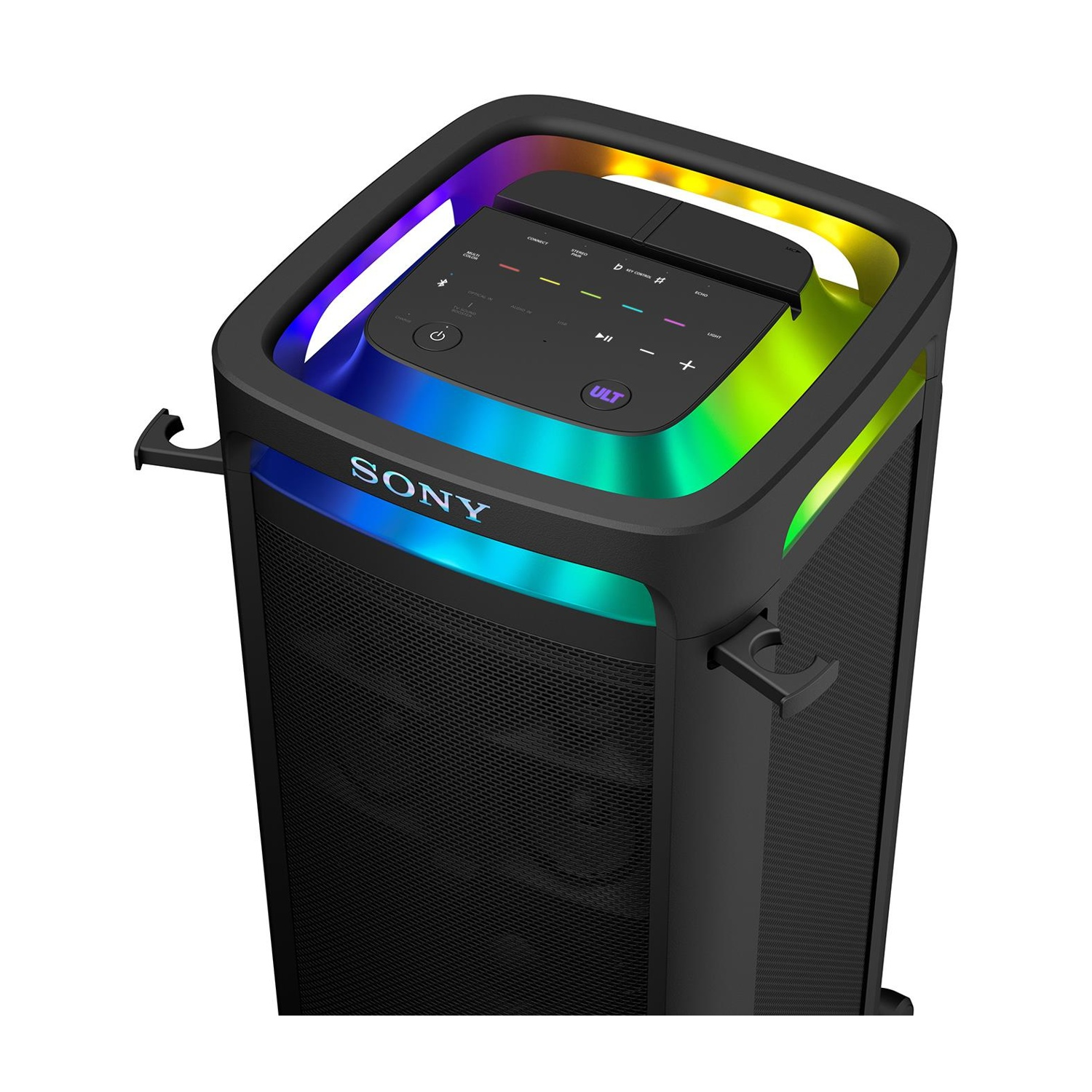 Un altoparlante nero con luci colorate sopra e maniglie. Logo Sony visibile.