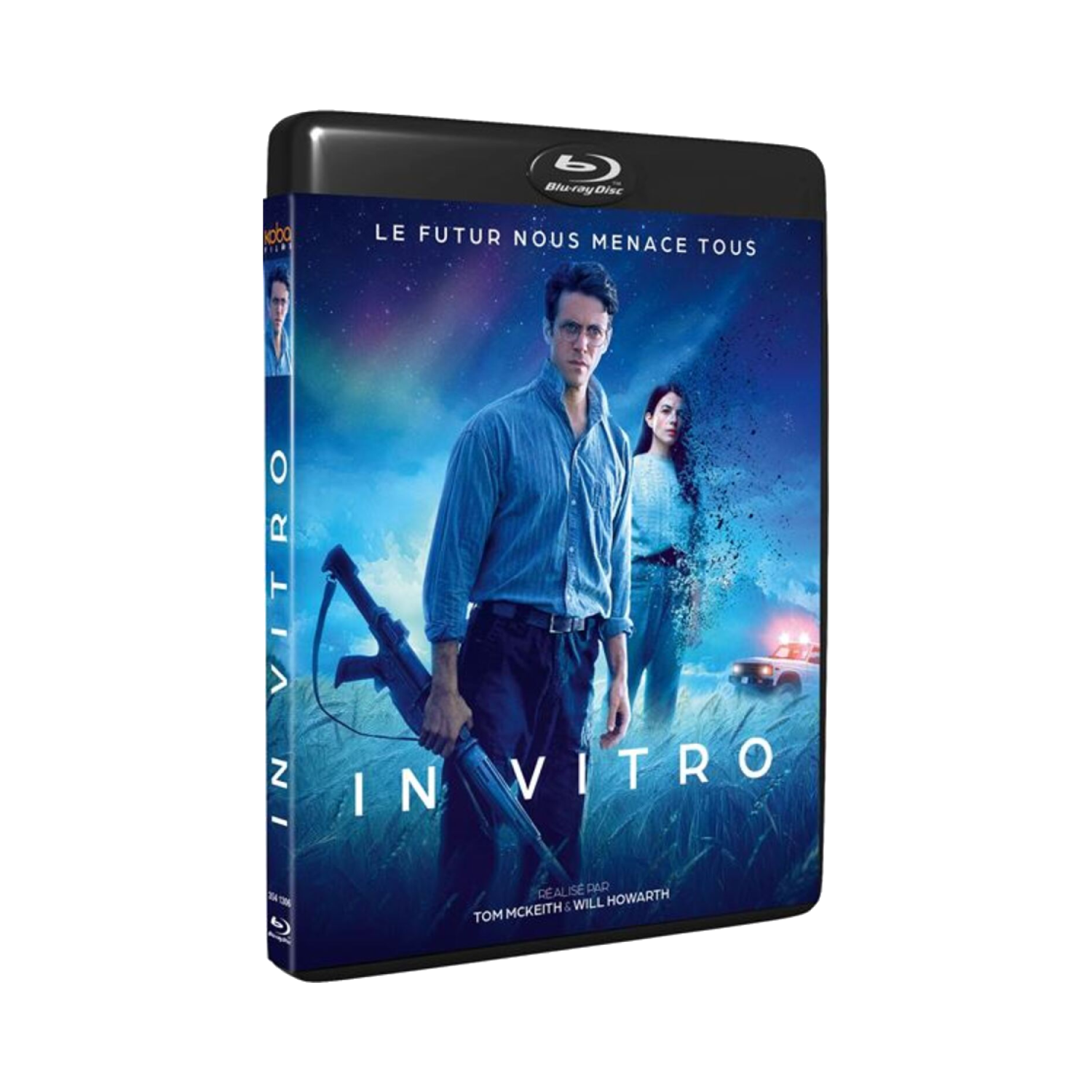 Pochette Blu-ray pour "In Vitro". Un homme tient une arme, une femme se tient derrière lui. Une voiture de police est visible.