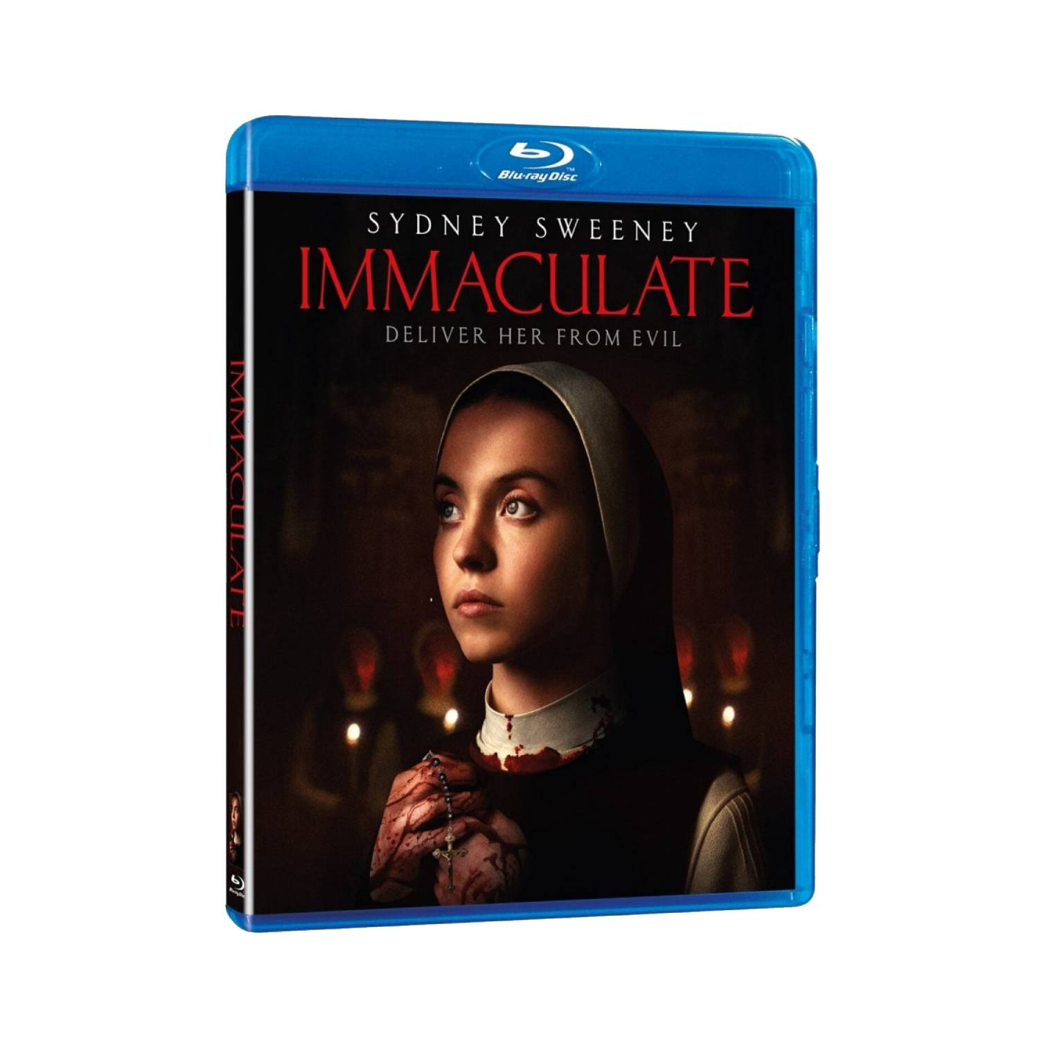 Un boîtier de film Blu-ray avec le titre 'Immaculate' et une image d'une femme en habit de religieuse.