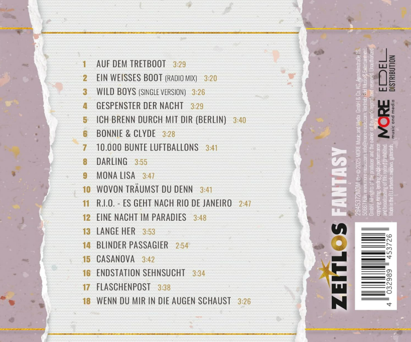 CD-Cover mit Titelliste. Zeitlos Fantasy-Album, mit Songs wie 'Auf dem Treibboot' und 'Bonnie & Clyde'.