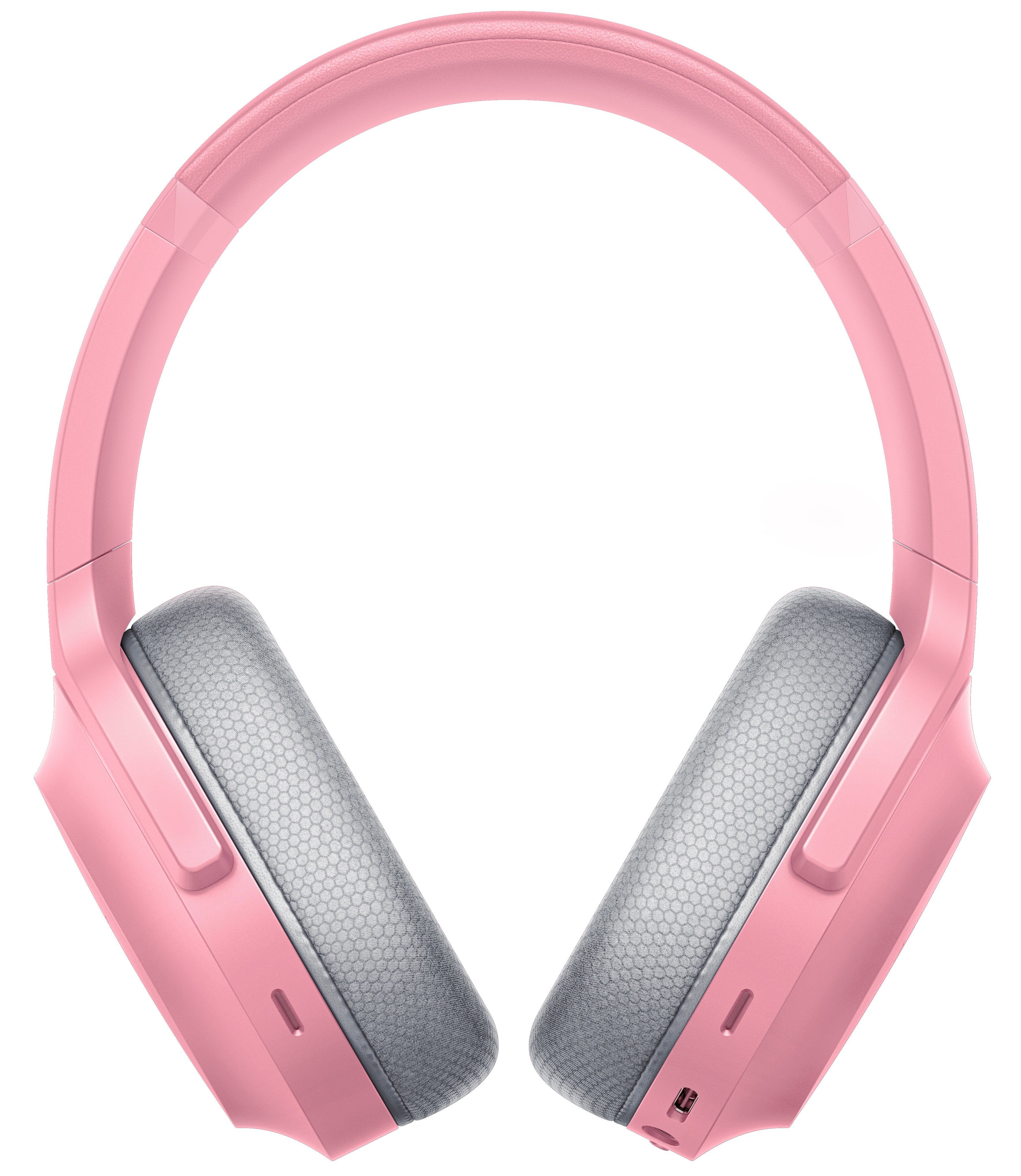 Różowe słuchawki z szarymi nausznikami, widok z przodu, z czystym, białym tłem.