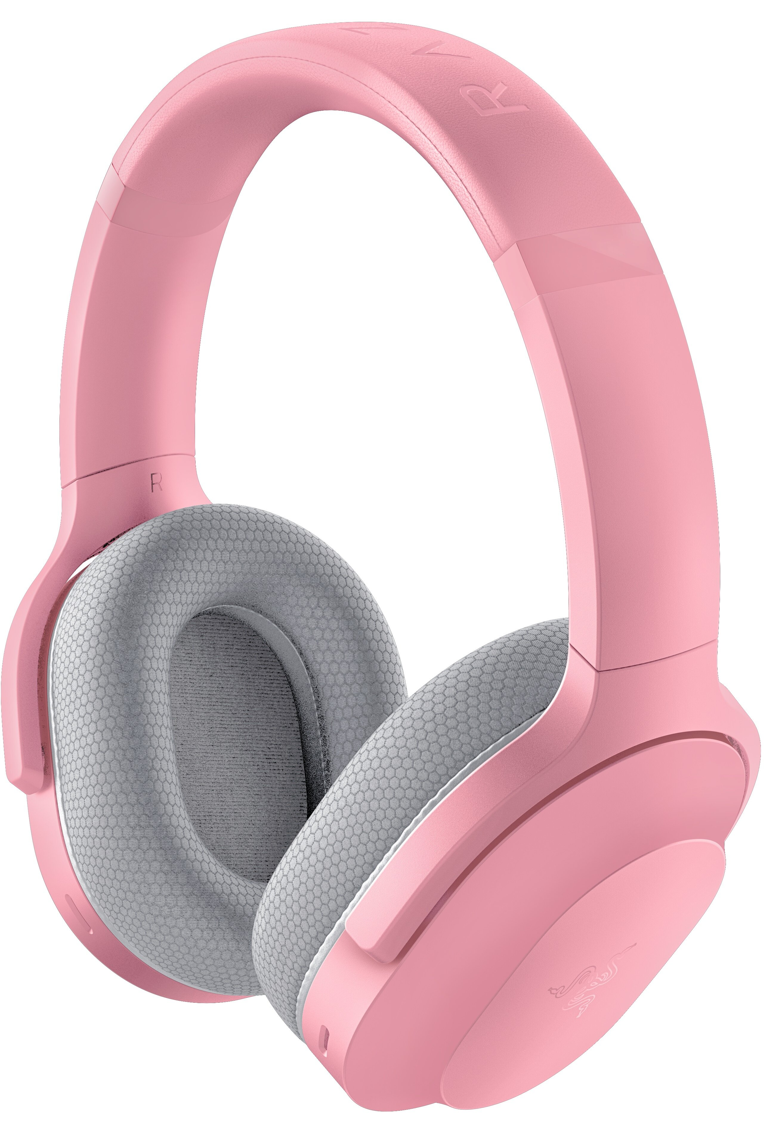Różowe słuchawki do gier z szarymi nausznikami. Tekst: Razer.