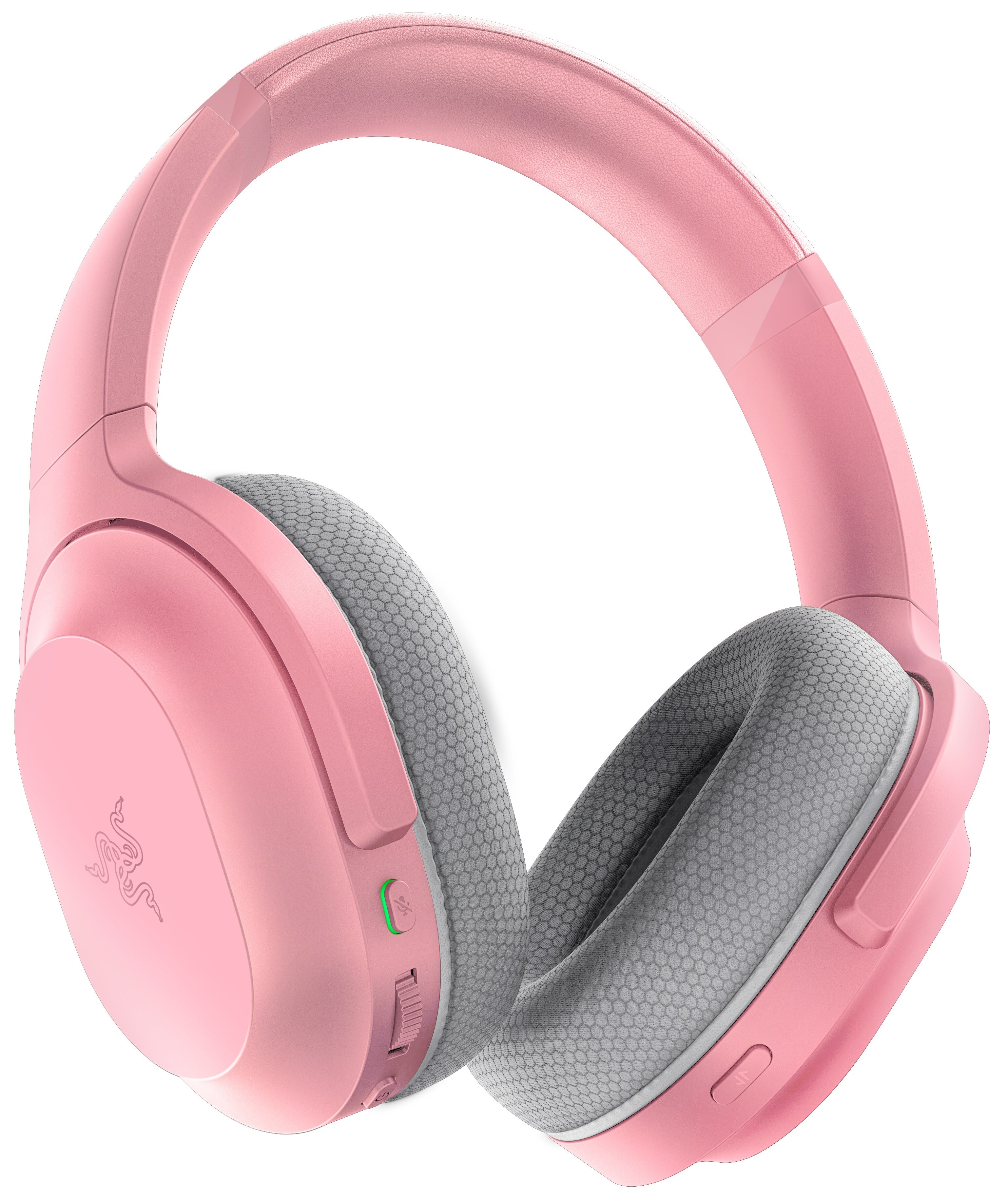 Różowy zestaw słuchawkowy dla graczy z szarymi nausznikami. Widoczne logo Razer.