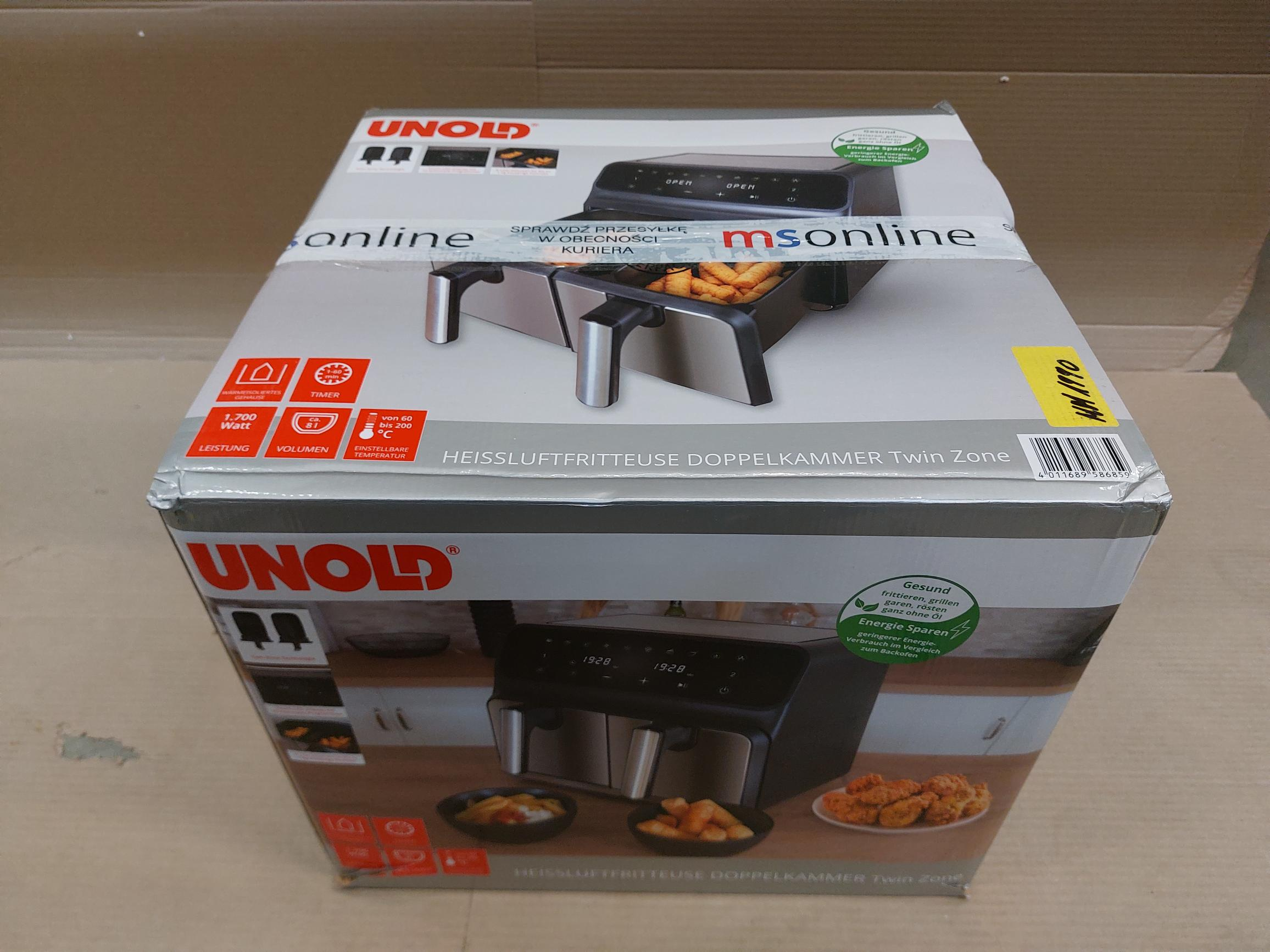 Pudełko podwójnej komorowej frytkownicy powietrznej, z produktem wystawionym na przodzie.
