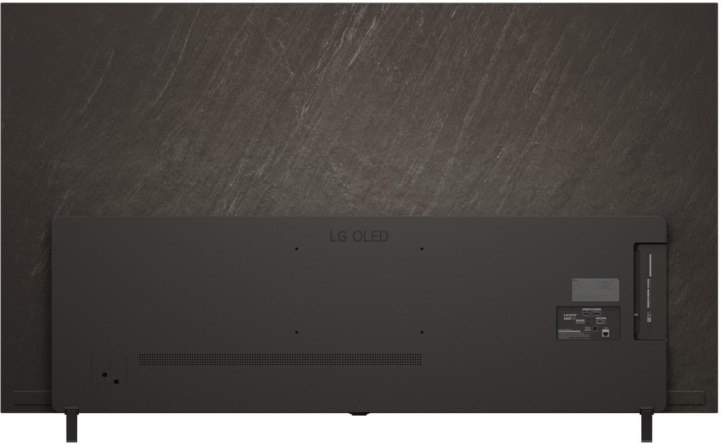 Rückseite eines großen LG OLED-Fernsehers. Dunkelgrau mit LG OLED-Logo. Zeigt Anschlüsse und Stromeingang.