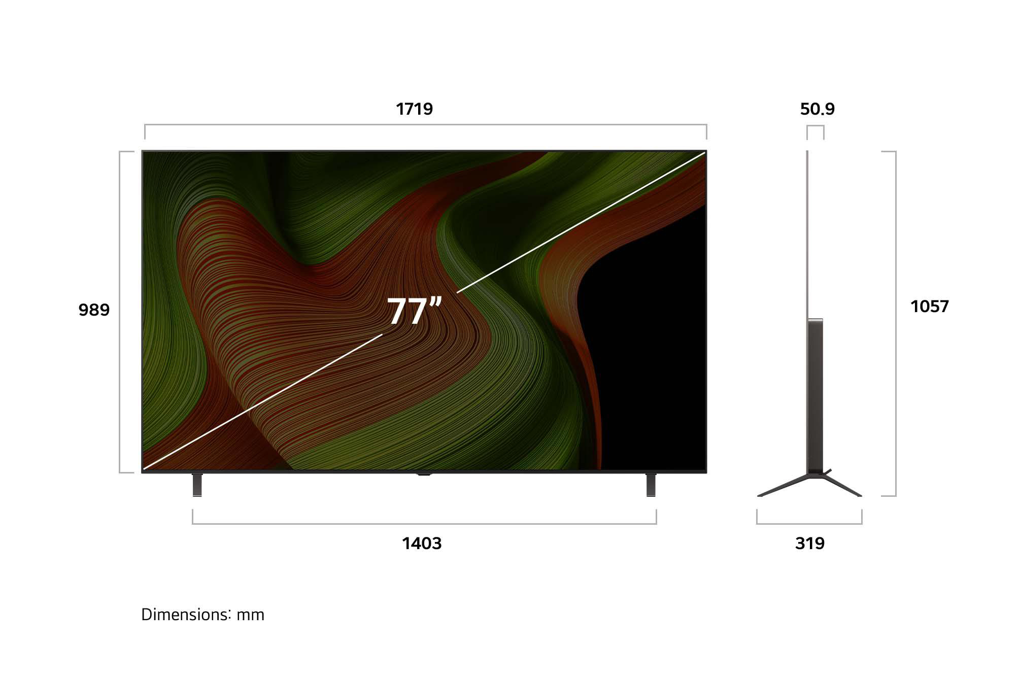 77-Zoll-Fernseher mit Maßen, schwarzem Ständer und einem bunten, abstrakten Bild auf dem Bildschirm.