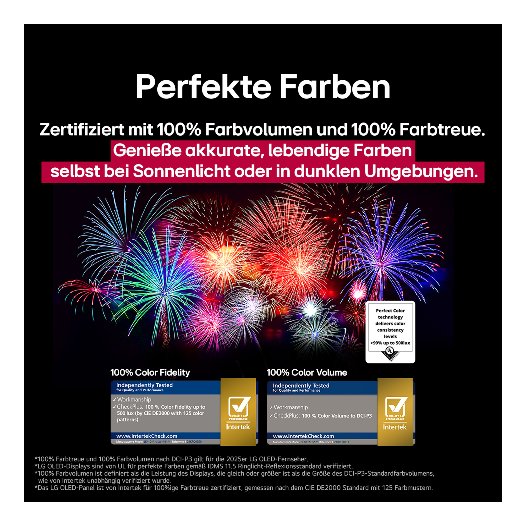 Explodierende Feuerwerke mit deutschem Text über perfekte Farben und Farbtreue.