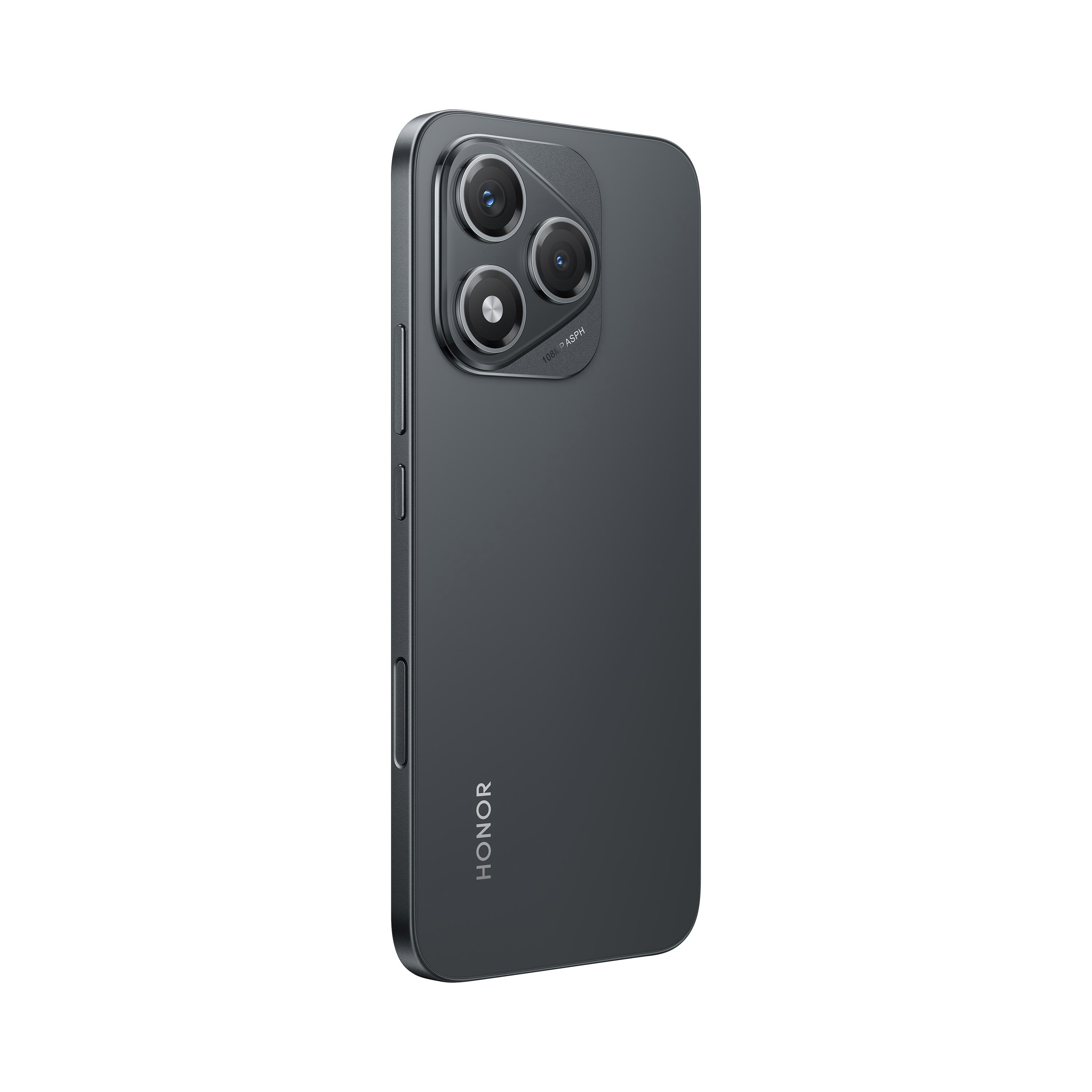 Ein dunkelgraues Smartphone mit drei Rückkameras und einem HONOR-Logo, auf weißem Hintergrund.