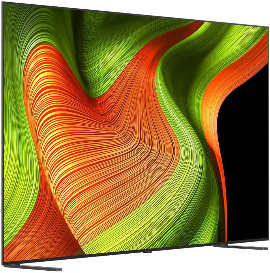 Ein großer Fernsehbildschirm mit abstraktem, farbenfrohem Design, einem schwarzen Rahmen und einem Standfuß.