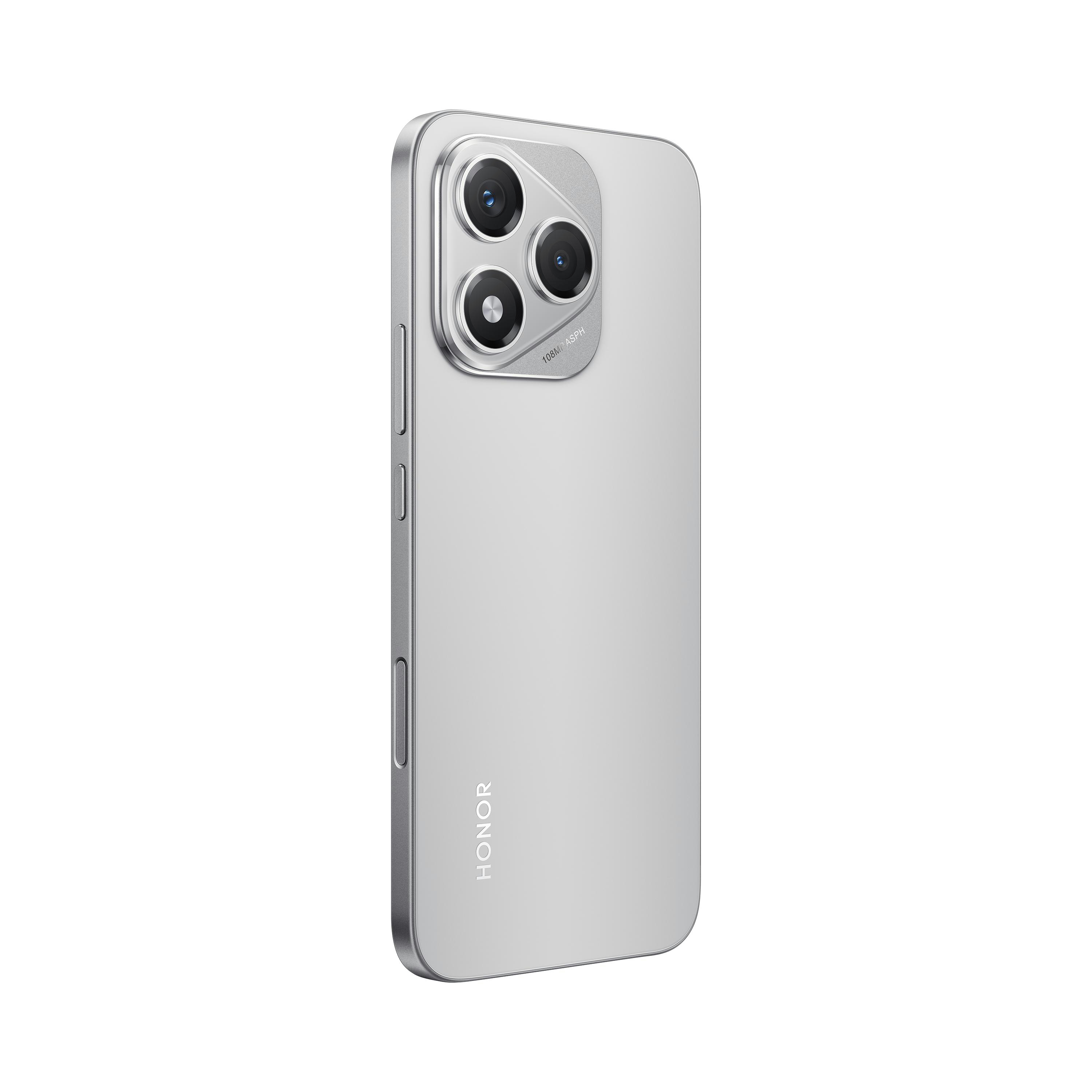 Ein silbernes Smartphone mit drei Rückkameras, einer Seitentaste und dem HONOR-Logo.