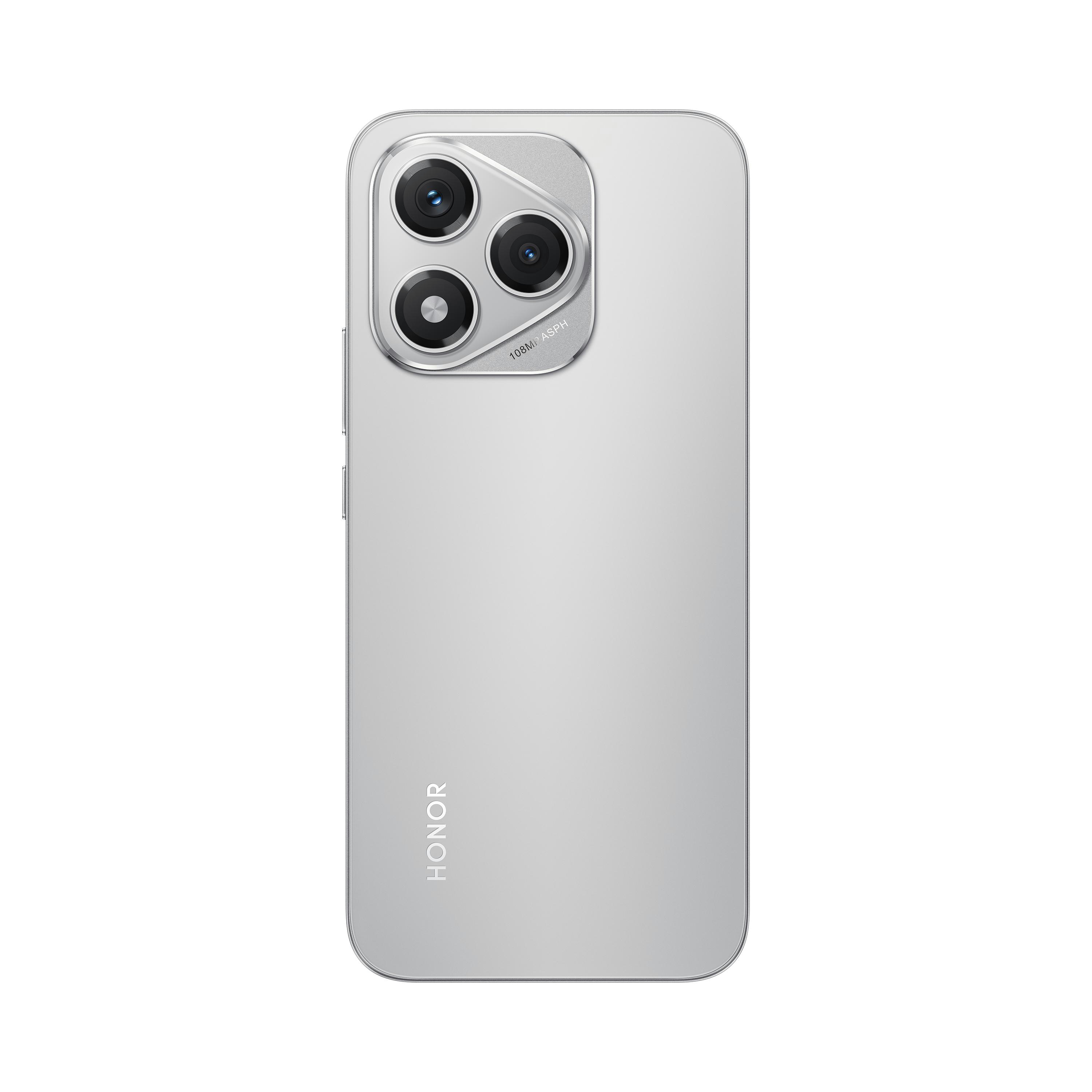 Silbernes HONOR-Telefon, Rückansicht. Dreifache Kamera mit 10MP-Objektiv. HONOR-Logo unten.