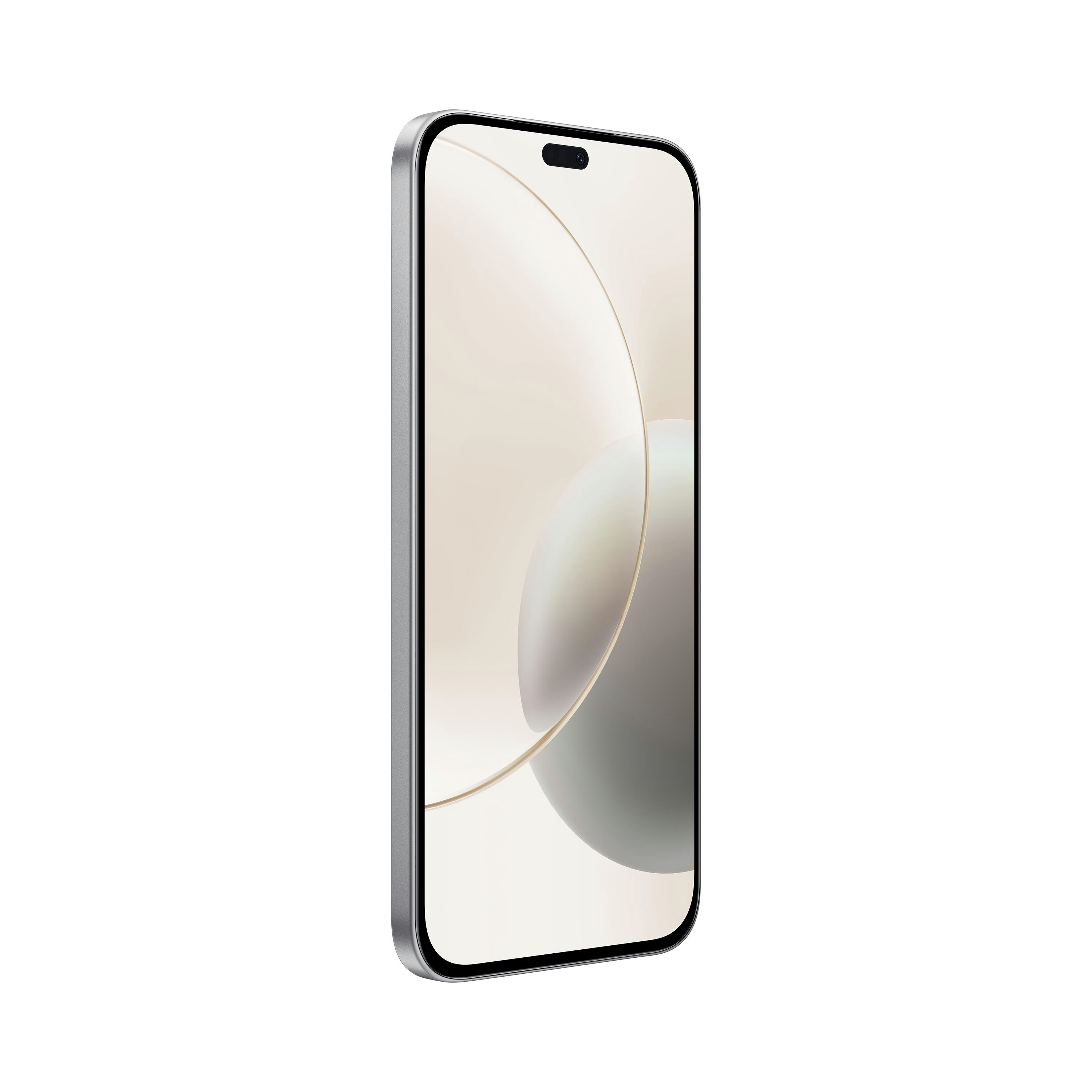 Silbernes Smartphone auf weißem Hintergrund, mit einem Bildschirm, der ein verschwommenes abstraktes Bild zeigt.