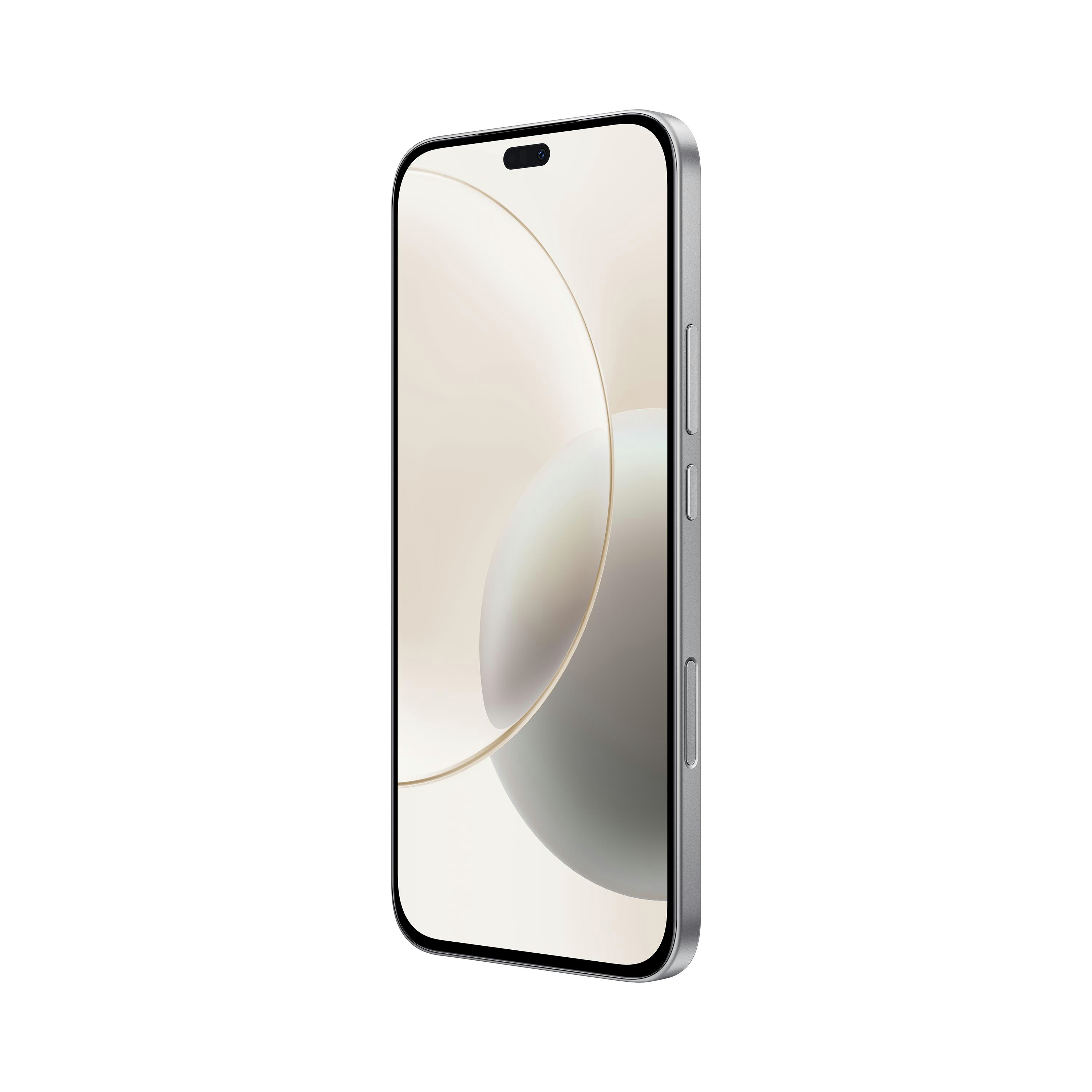 Ein silbernes Smartphone mit gebogenem Bildschirm auf weißem Hintergrund.
