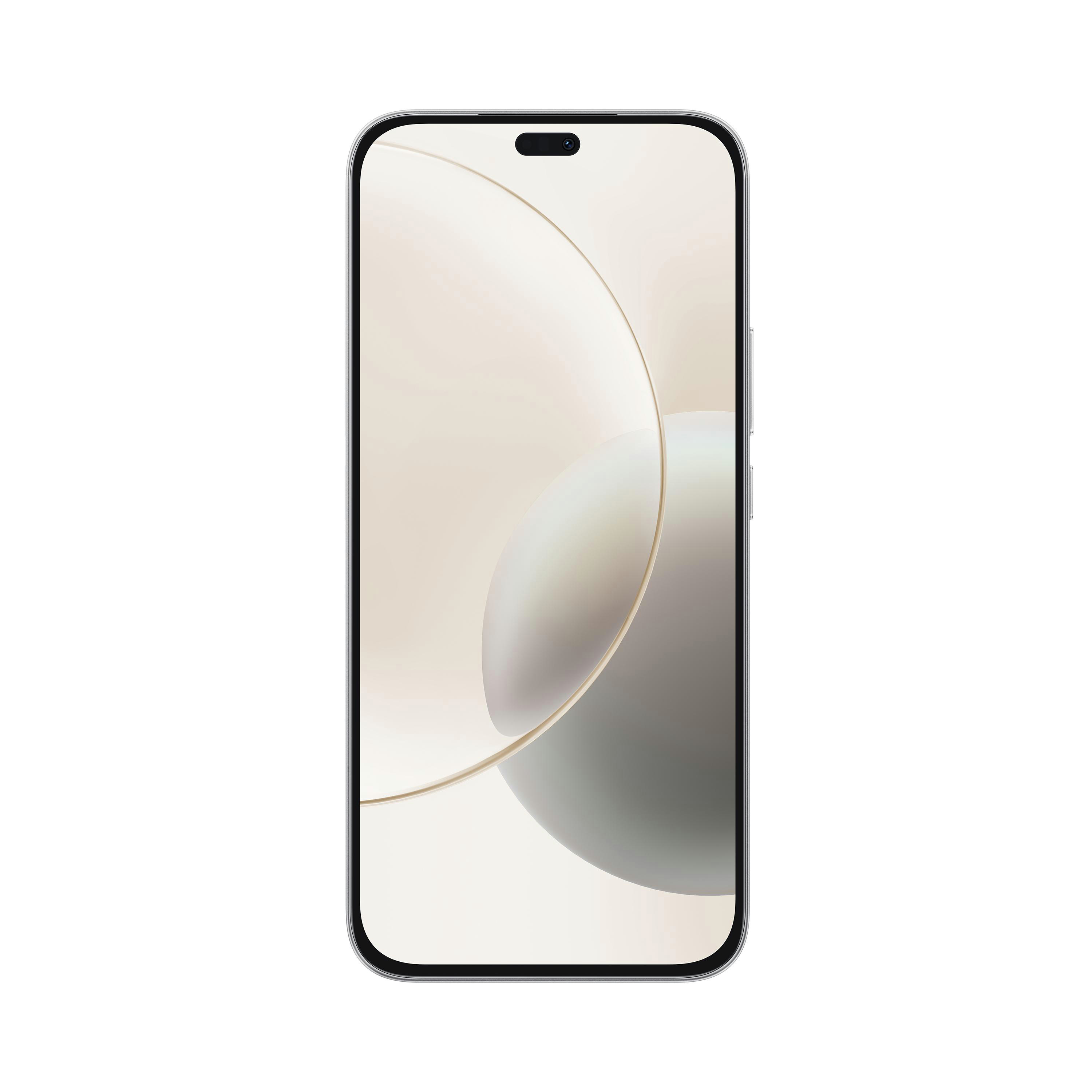Ein silbernes Smartphone mit einem Bildschirm, der einen unscharfen Hintergrund zeigt.