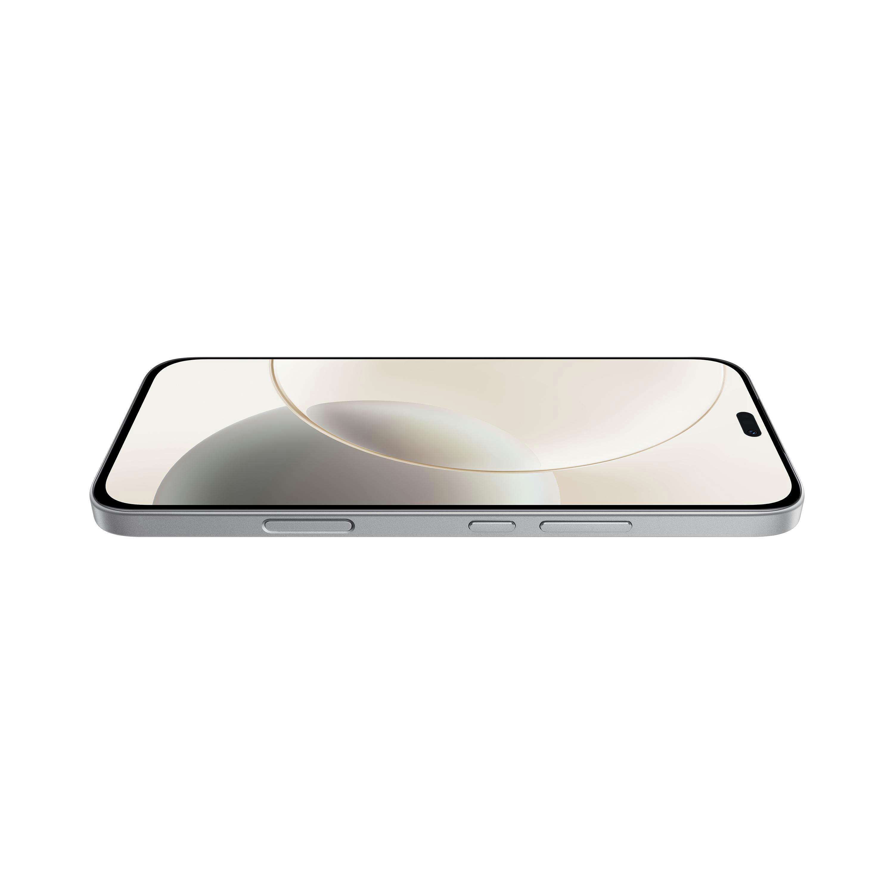 Ein silbernes Telefon mit einem gebogenen Bildschirm, liegend.