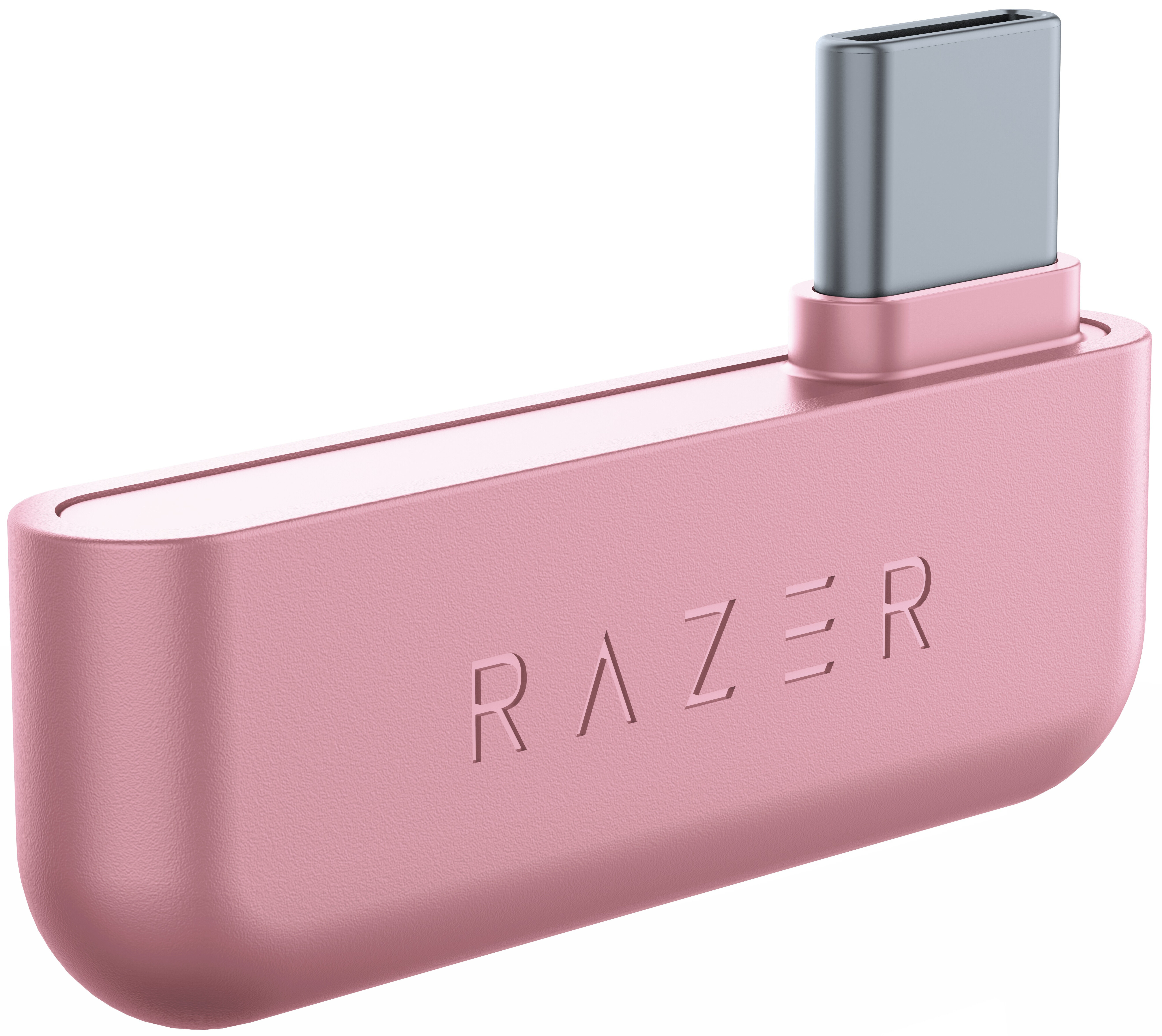 Różowy adapter Razer USB-C, ustawiony pod kątem na białym tle.