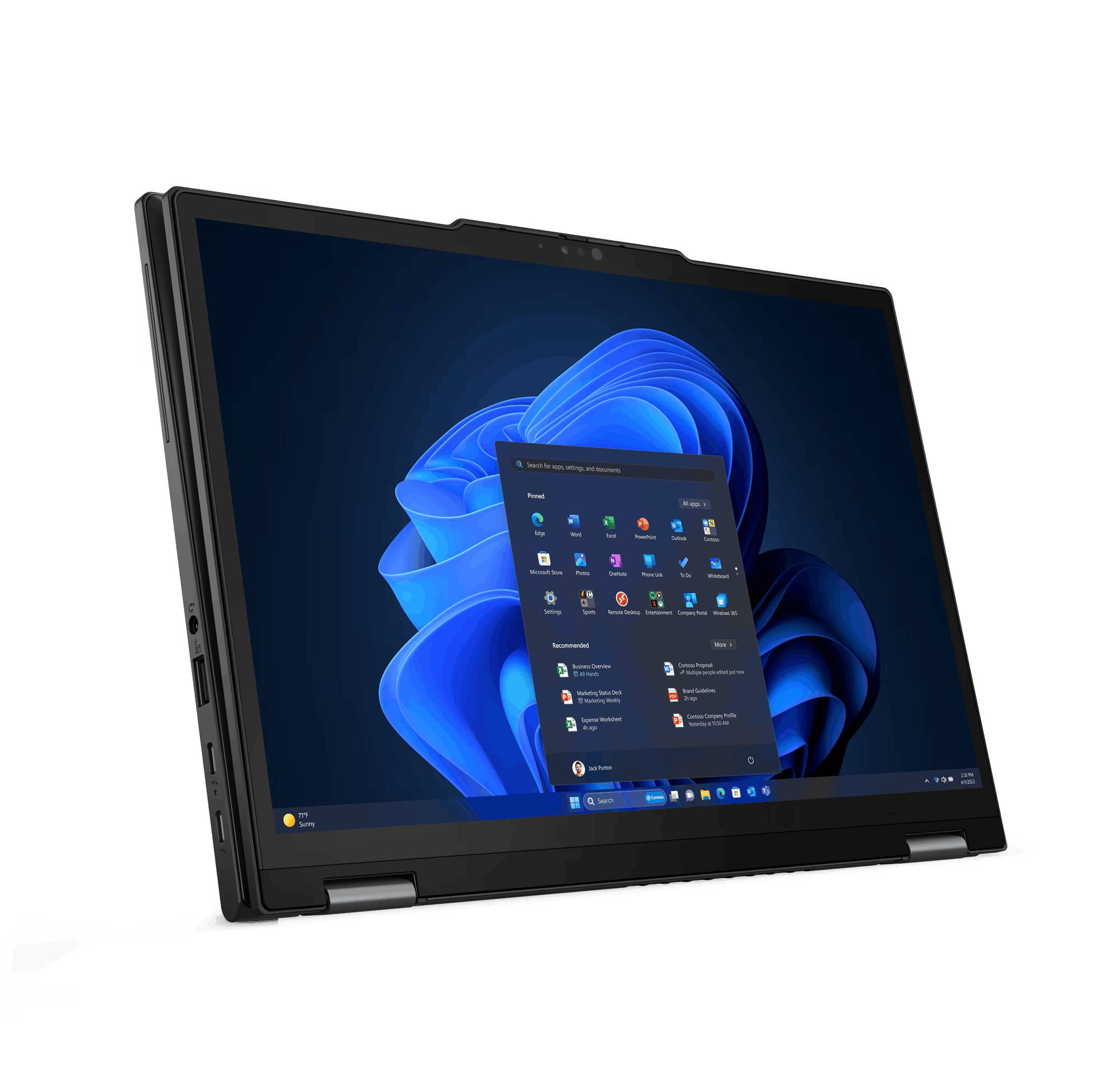 Un portátil negro con pantalla táctil mostrando la interfaz de Windows sobre fondo negro.