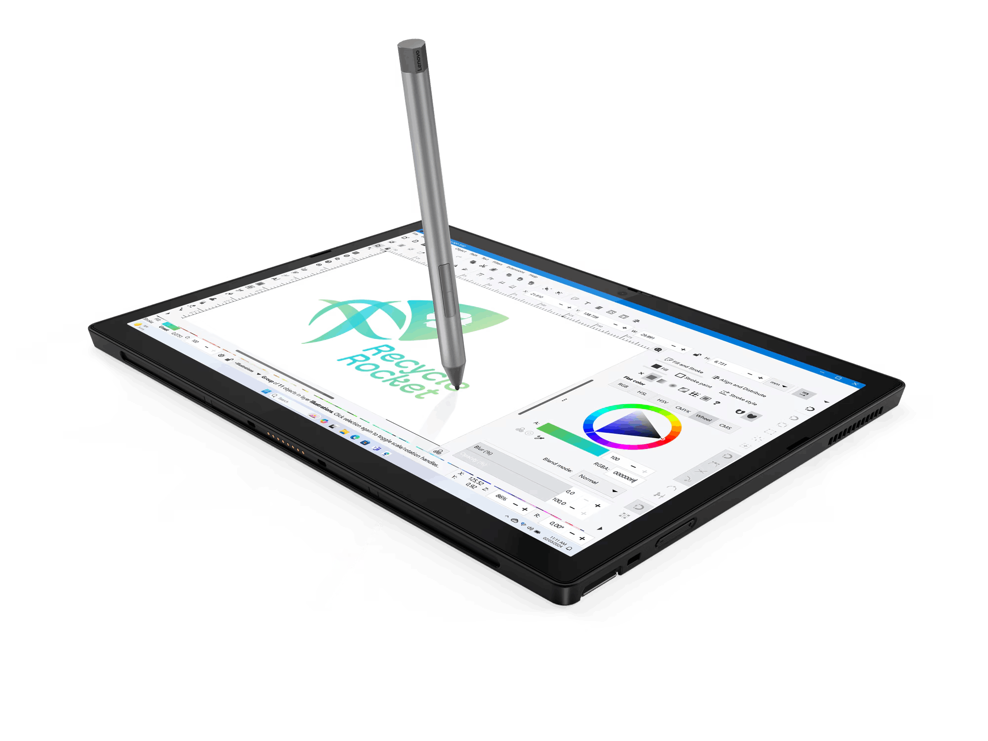 Tableta con lápiz, mostrando interfaz de software de diseño.