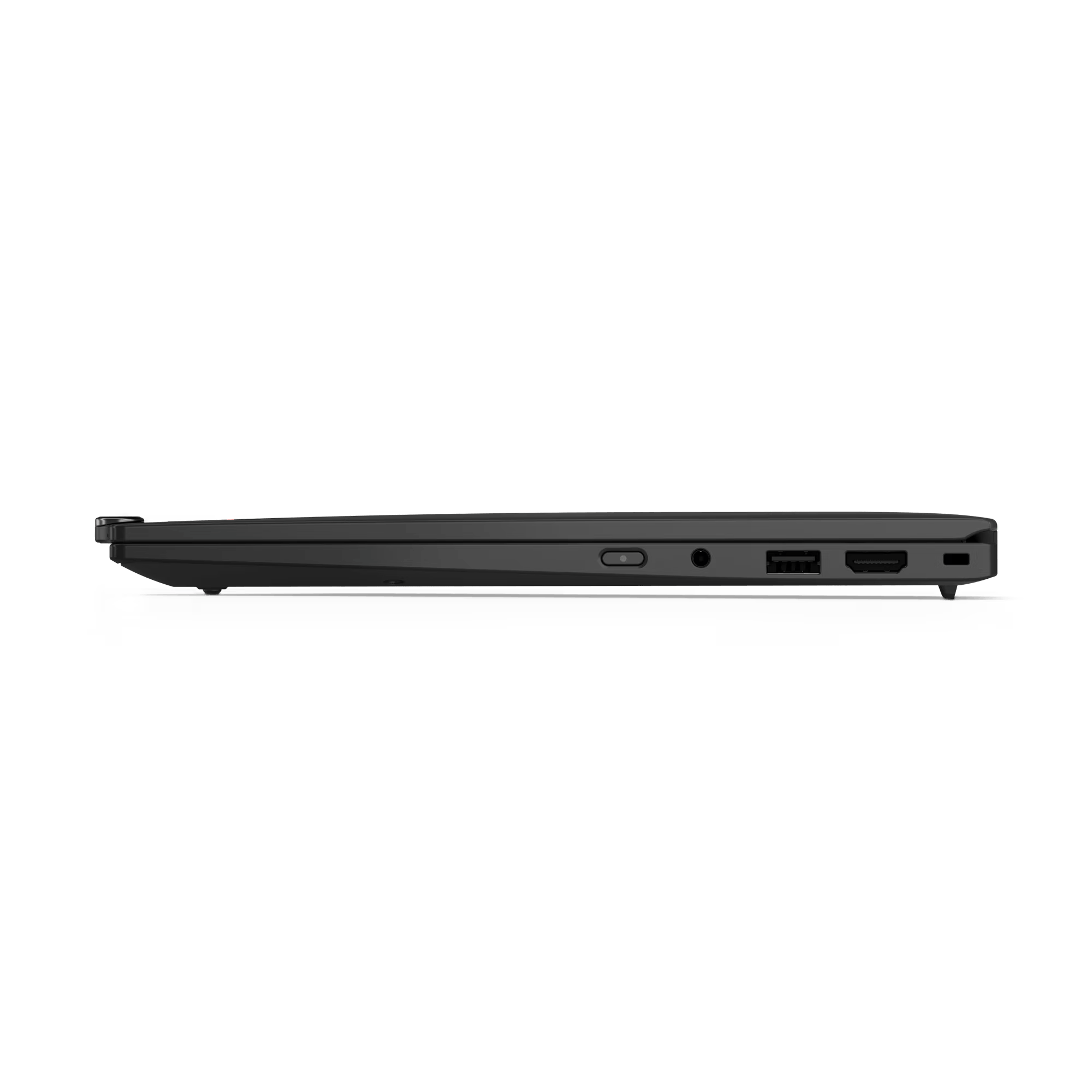 Vista lateral de un portátil negro. Muestra puertos para alimentación, audio, USB y HDMI, sobre un fondo negro.