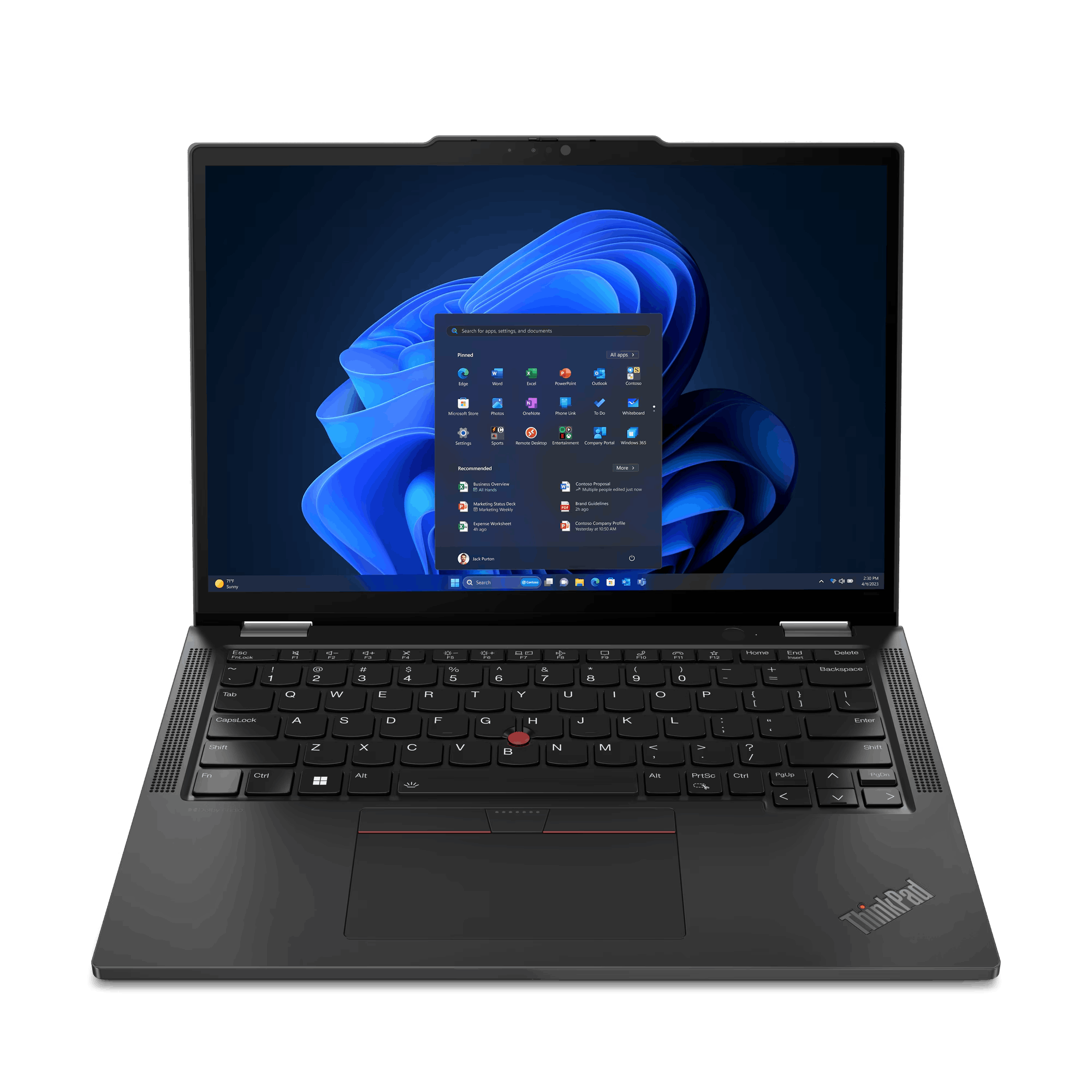 Laptop negro sobre superficie negra. Pantalla muestra Windows 11. Teclado con trackpoint rojo.