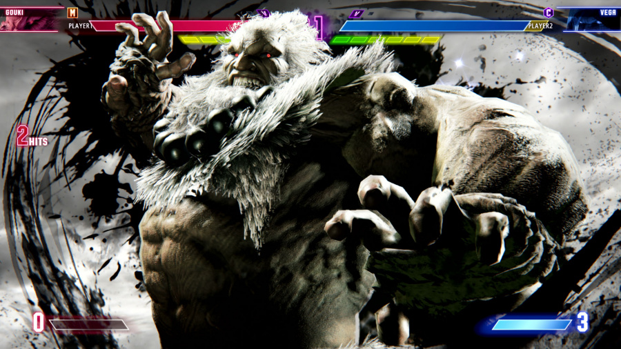 Potwór z gry walki z czerwonymi oczami. Czarno-białe tło.