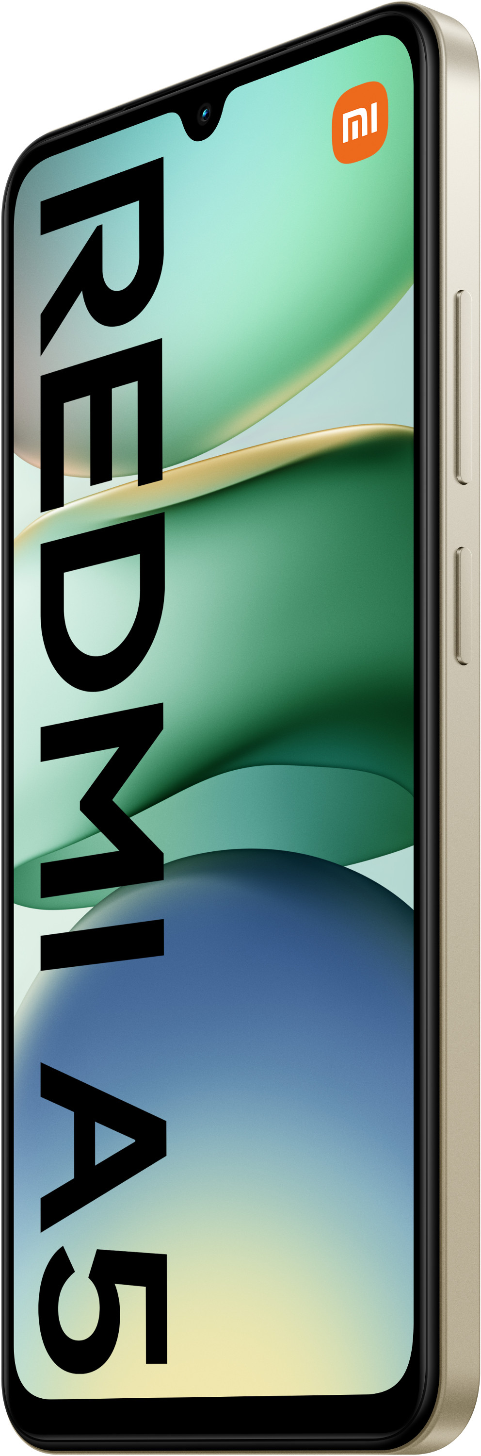 Złoty smartfon Xiaomi Redmi A5, ekran wyświetla kolorowy, abstrakcyjny wzór.