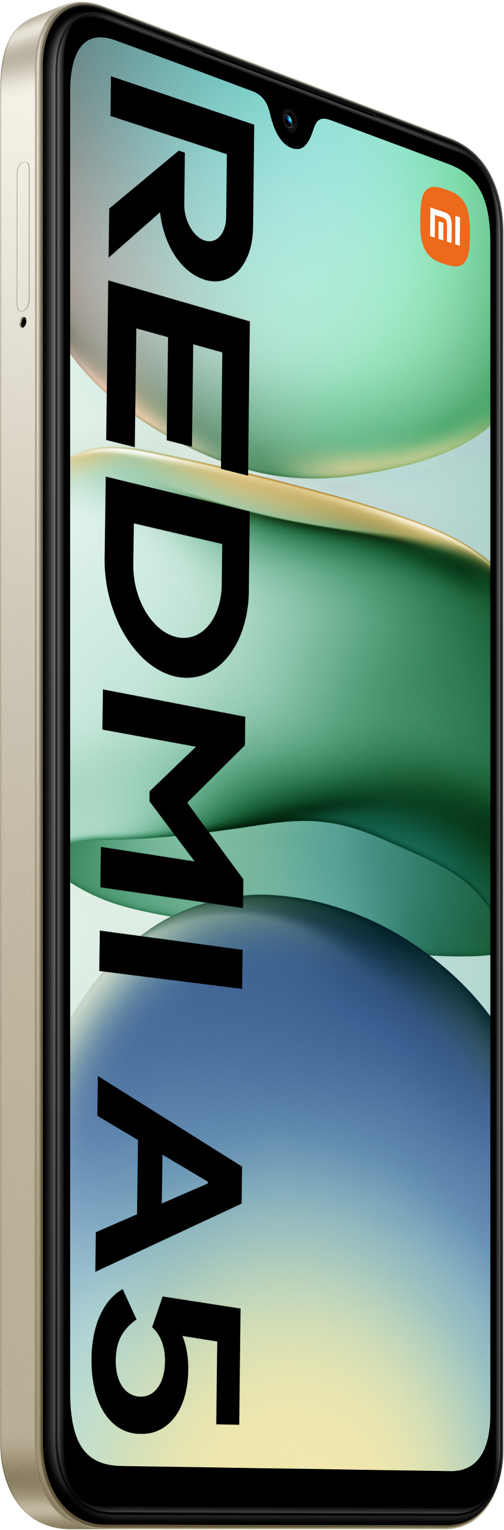 Złoty smartfon Xiaomi Redmi A5, z dużym ekranem wyświetlającym kolorową tapetę.