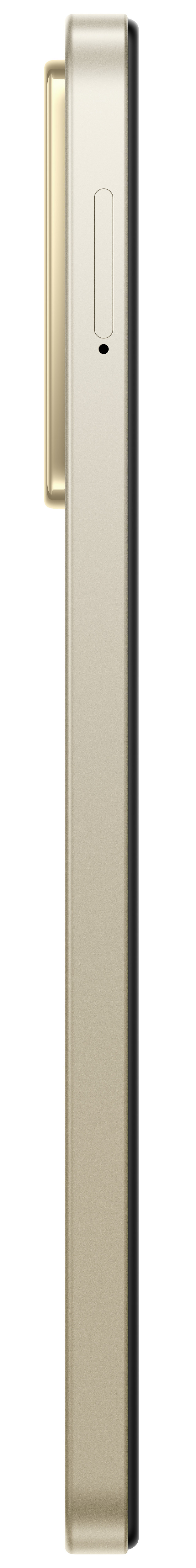 Widok z boku smartfona, złoty po stronie. Czarny aparat i obecny przycisk.