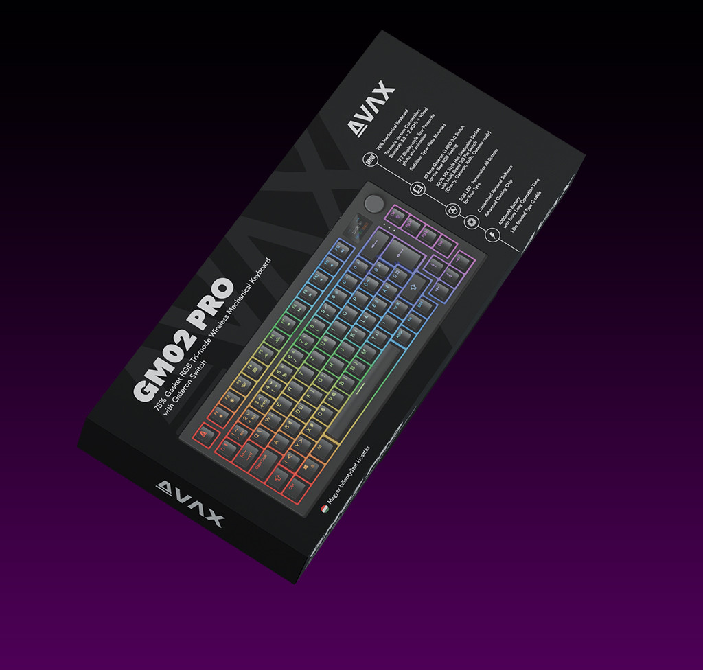 AVAX GM02 Pro billentyűzet doboza. A billentyűzet RGB, többféle színnel.