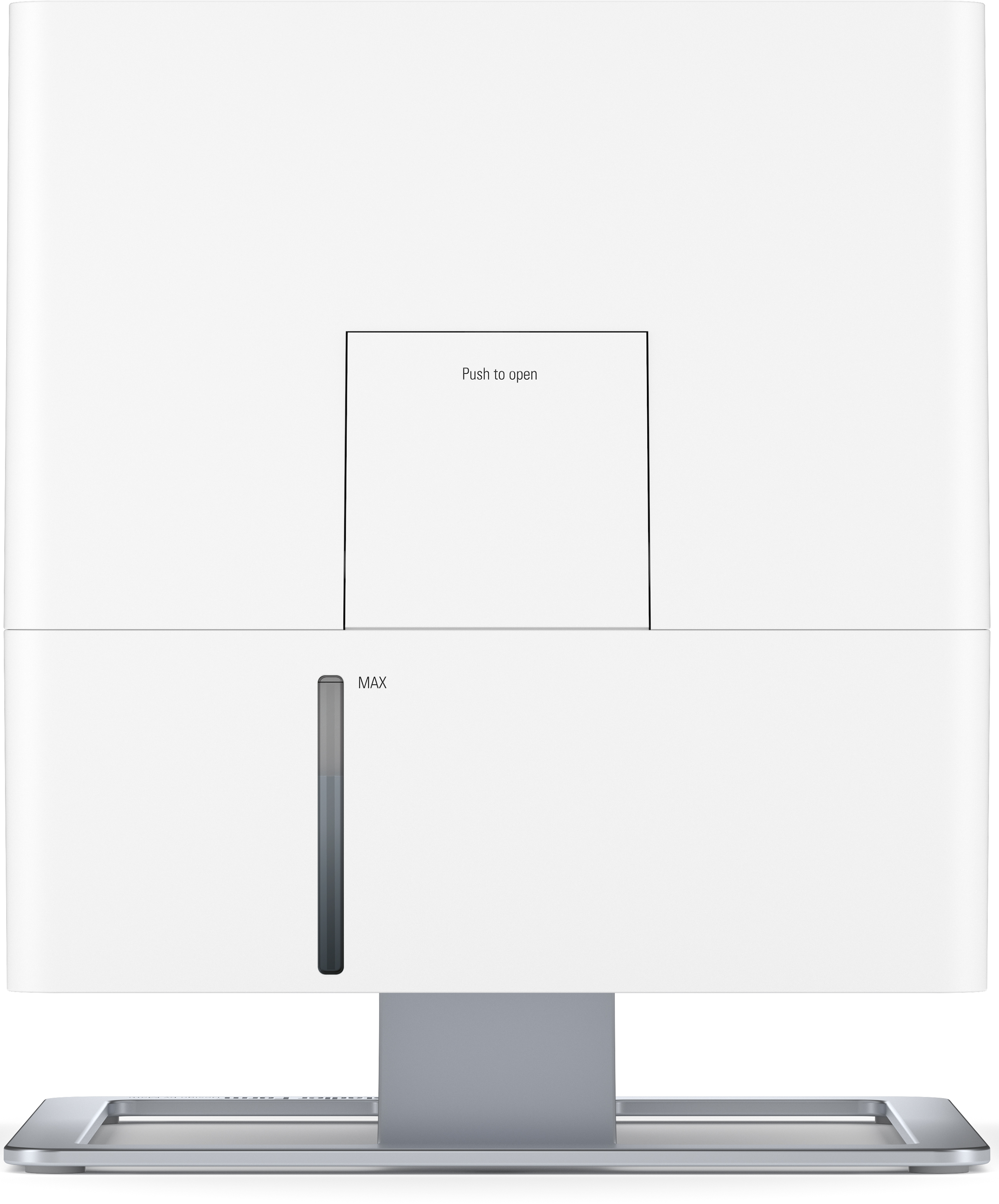 Dispositivo bianco con indicatore nero e grigio sul davanti, etichettato 'Push to open'.