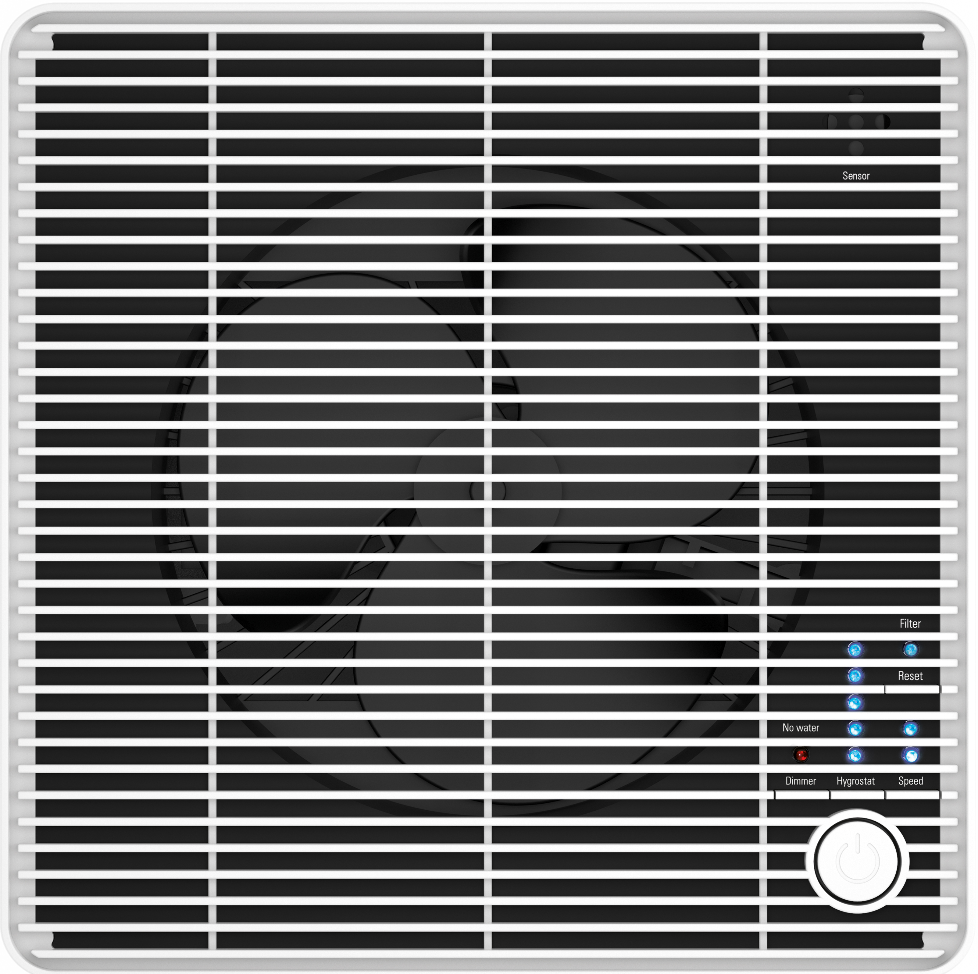 Purificatore d'aria bianco con griglia, ventola e pannello di controllo.