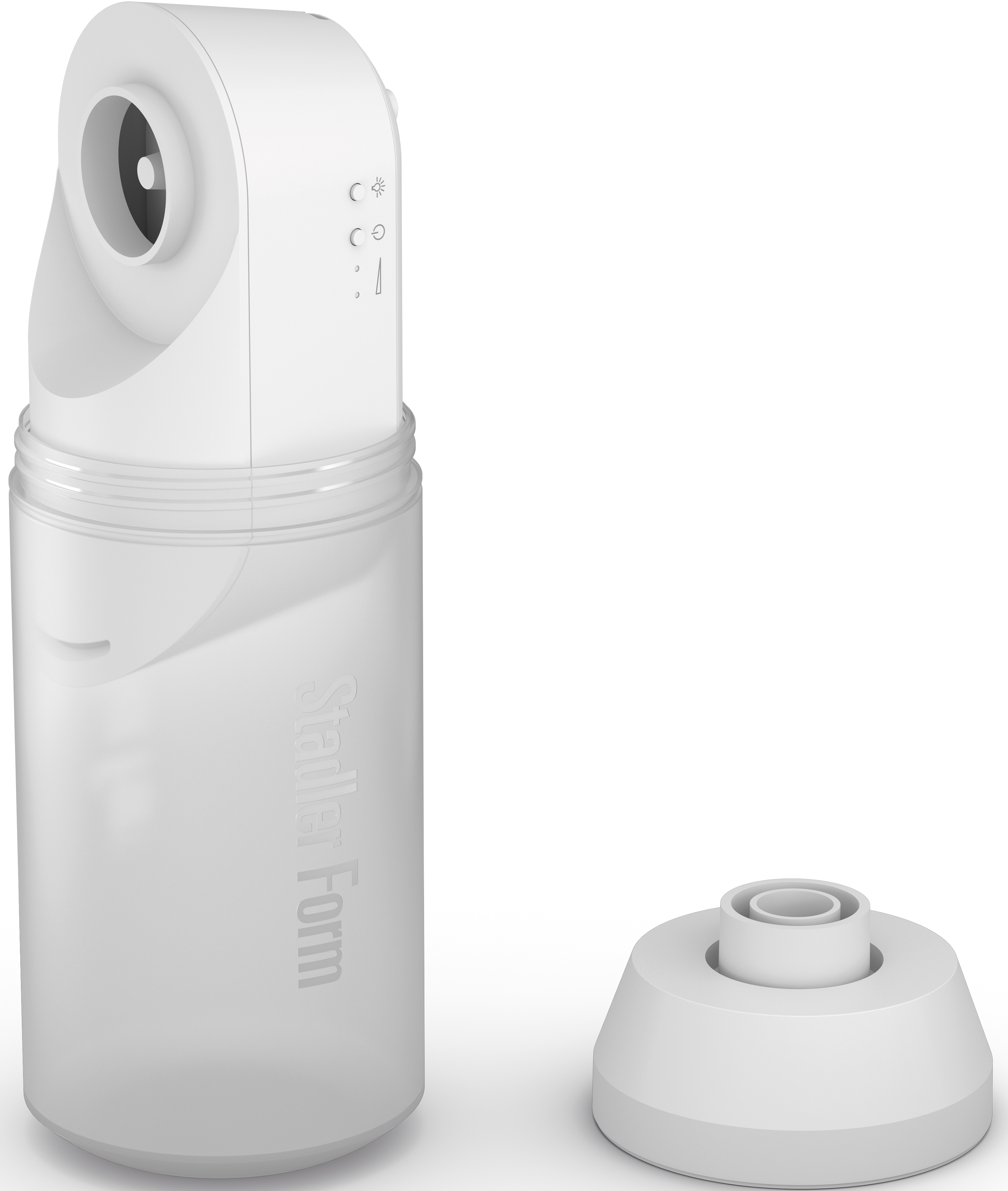 Ein weißer Luftbefeuchter mit zylindrischem Körper. Der obere Teil ist abgewinkelt mit Wasserauslass und Bedientasten.