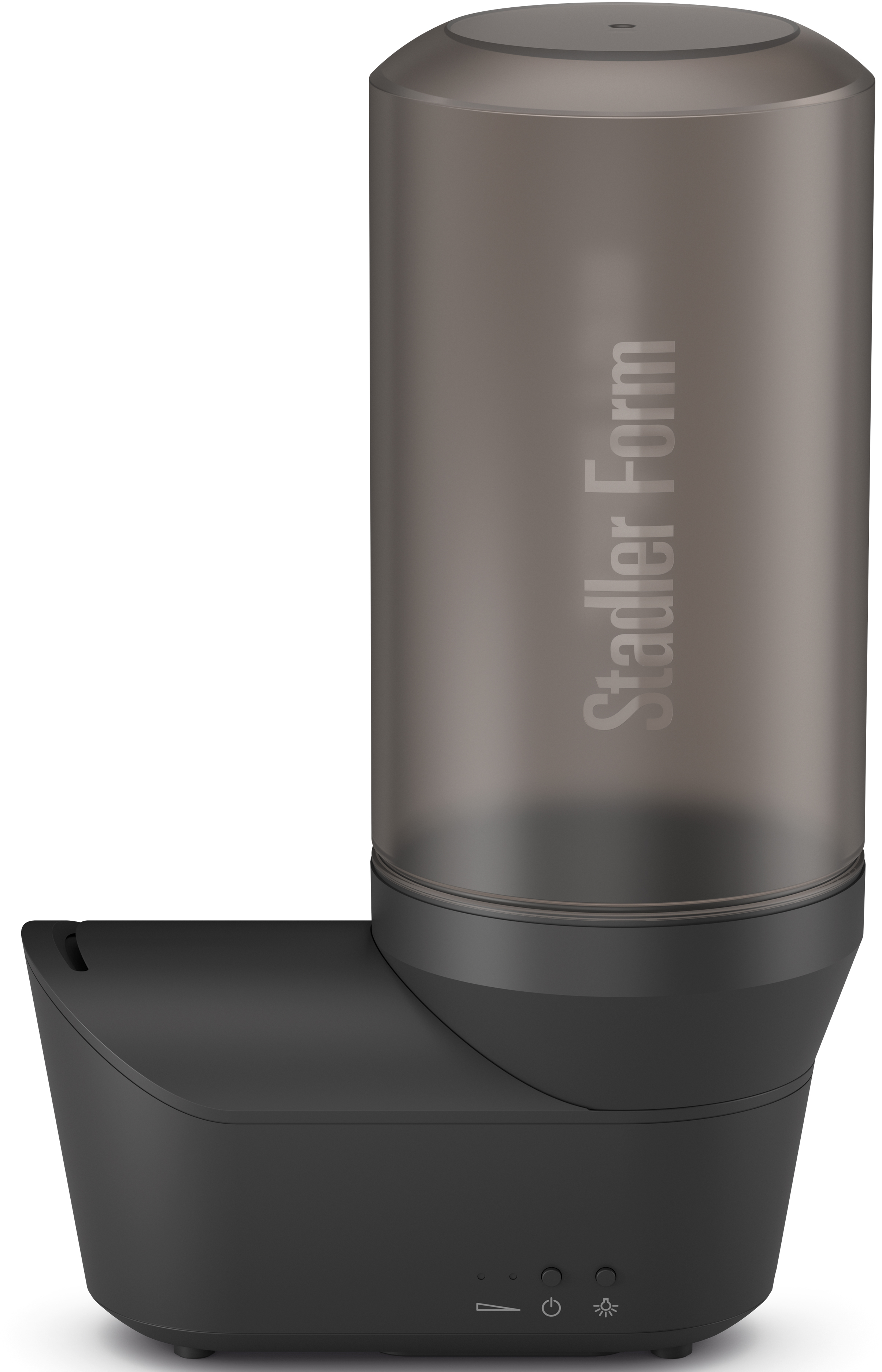 Humidificateur noir avec réservoir d'eau cylindrique. Stadler Form est écrit sur le réservoir.