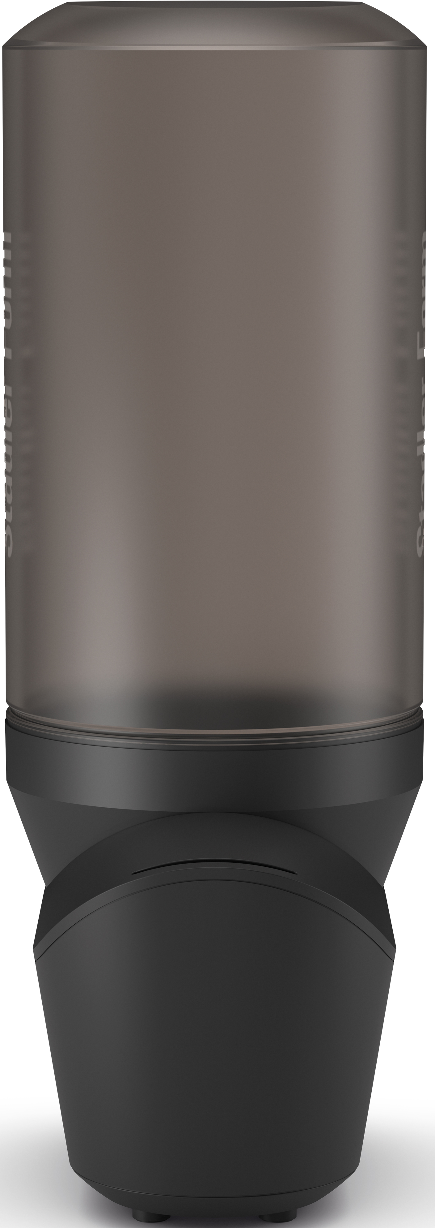 Un purificateur d'air noir et gris debout sur un fond blanc.