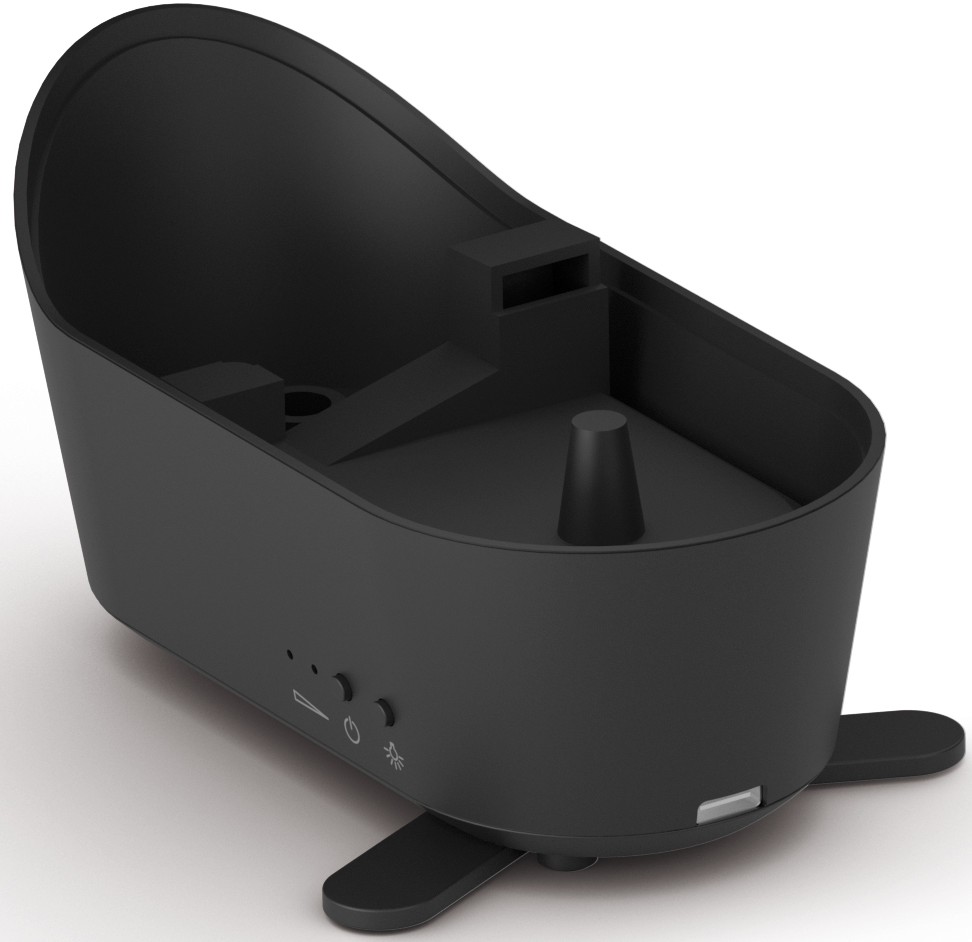 Humidificateur noir. Forme ovale avec buse. Boutons de commande et port.