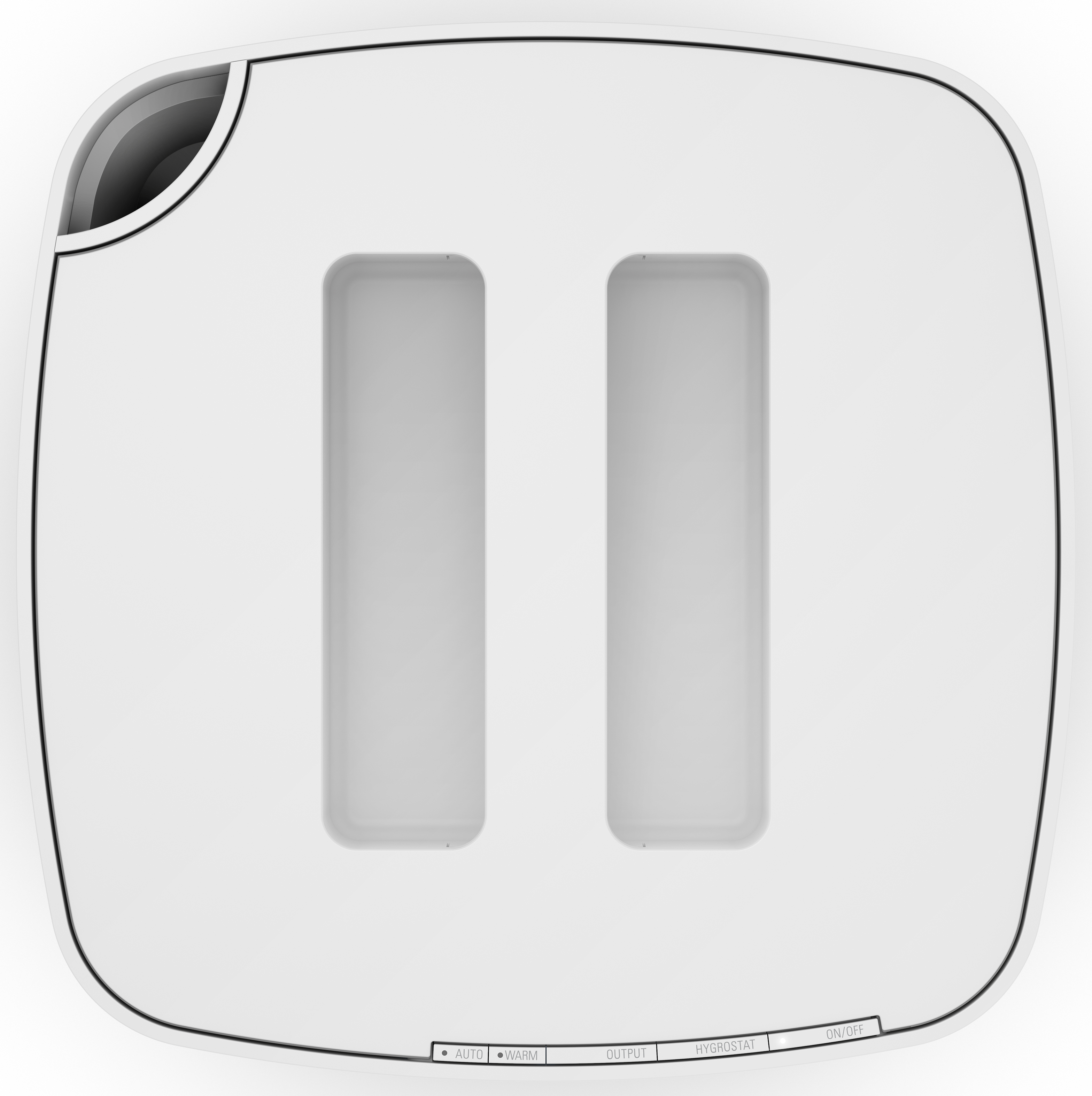 Weißer Toaster mit zwei Schlitzen, dunkler Oberseite und schwarzem Rand.