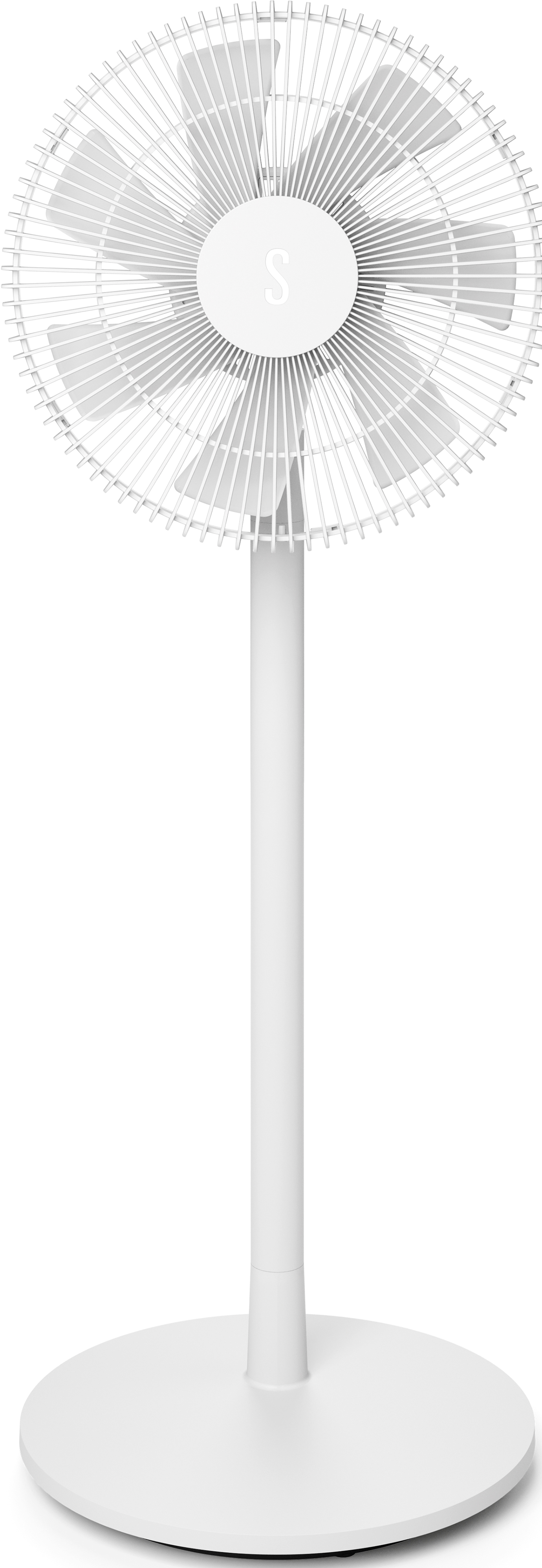 Weißer Standventilator mit rundem Sockel und Ventilatorkopf mit Flügeln. Das Logo der Marke ist sichtbar.