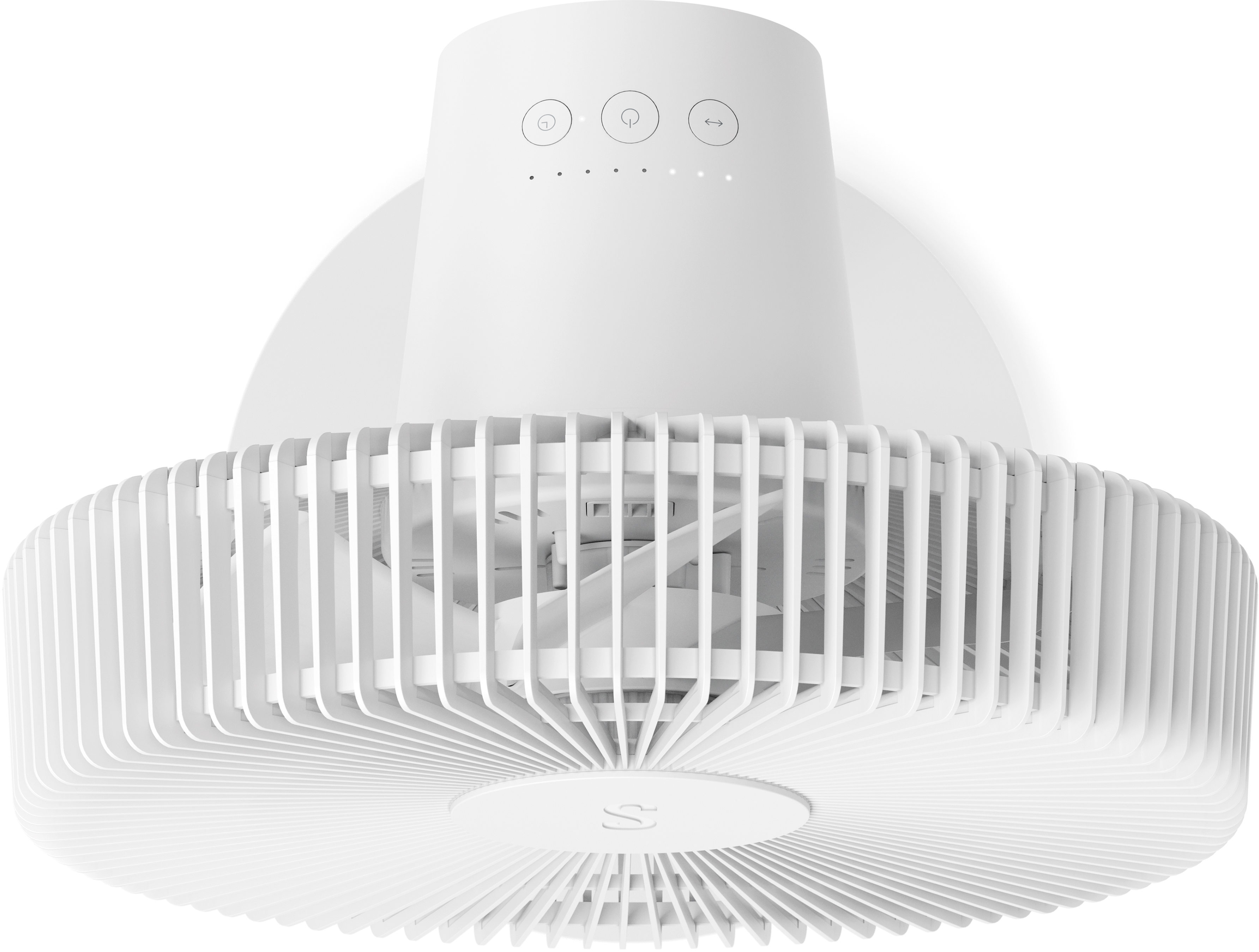 Weißer Deckenventilator mit einzigartigem Design. Der Ventilator hat kreisförmige Blätter und ein zentrales Licht.