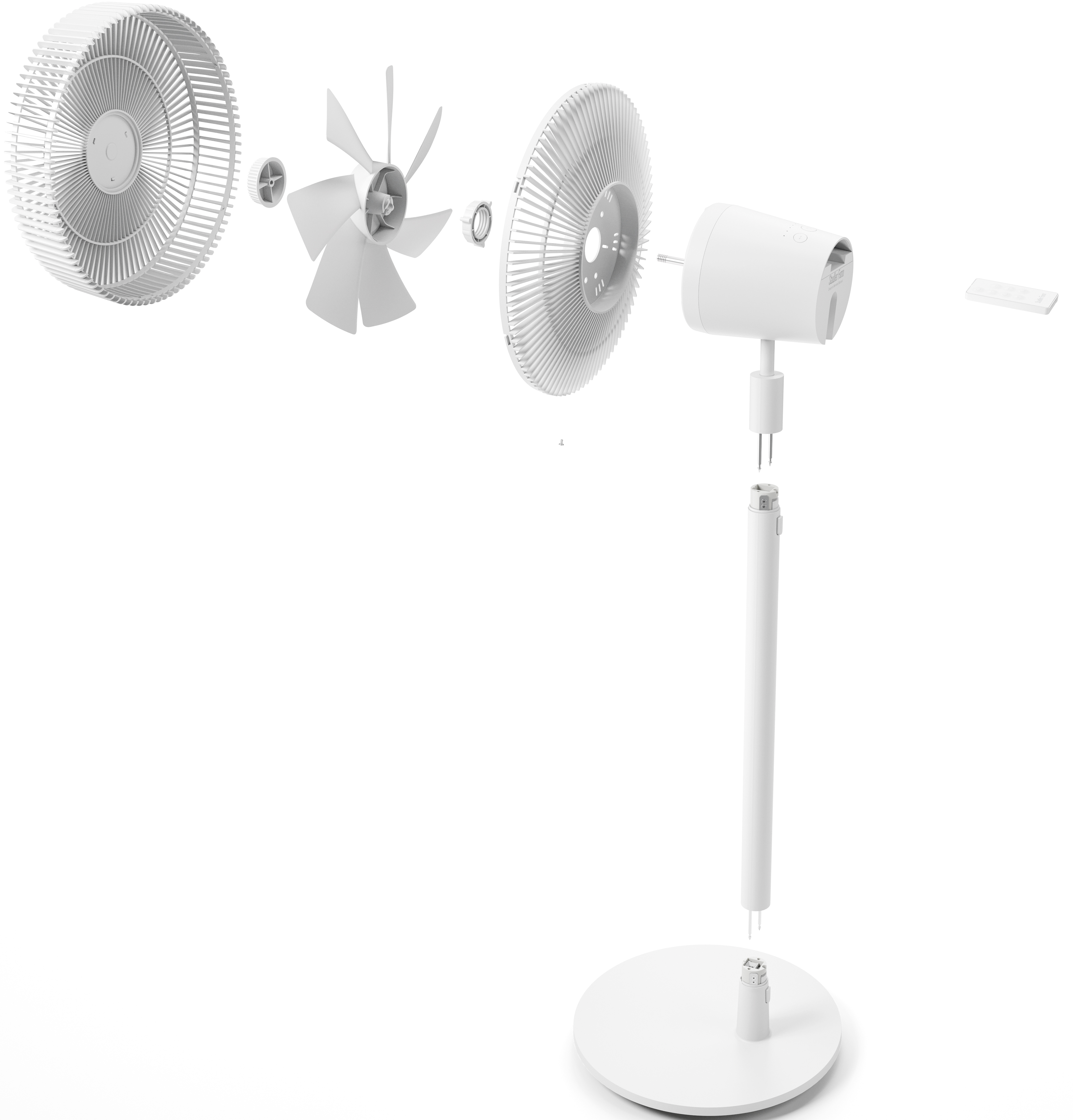 Explosionsansicht eines weißen Ventilators. Teile sind getrennt: Flügel, Motor, Ständer und Fernbedienung.