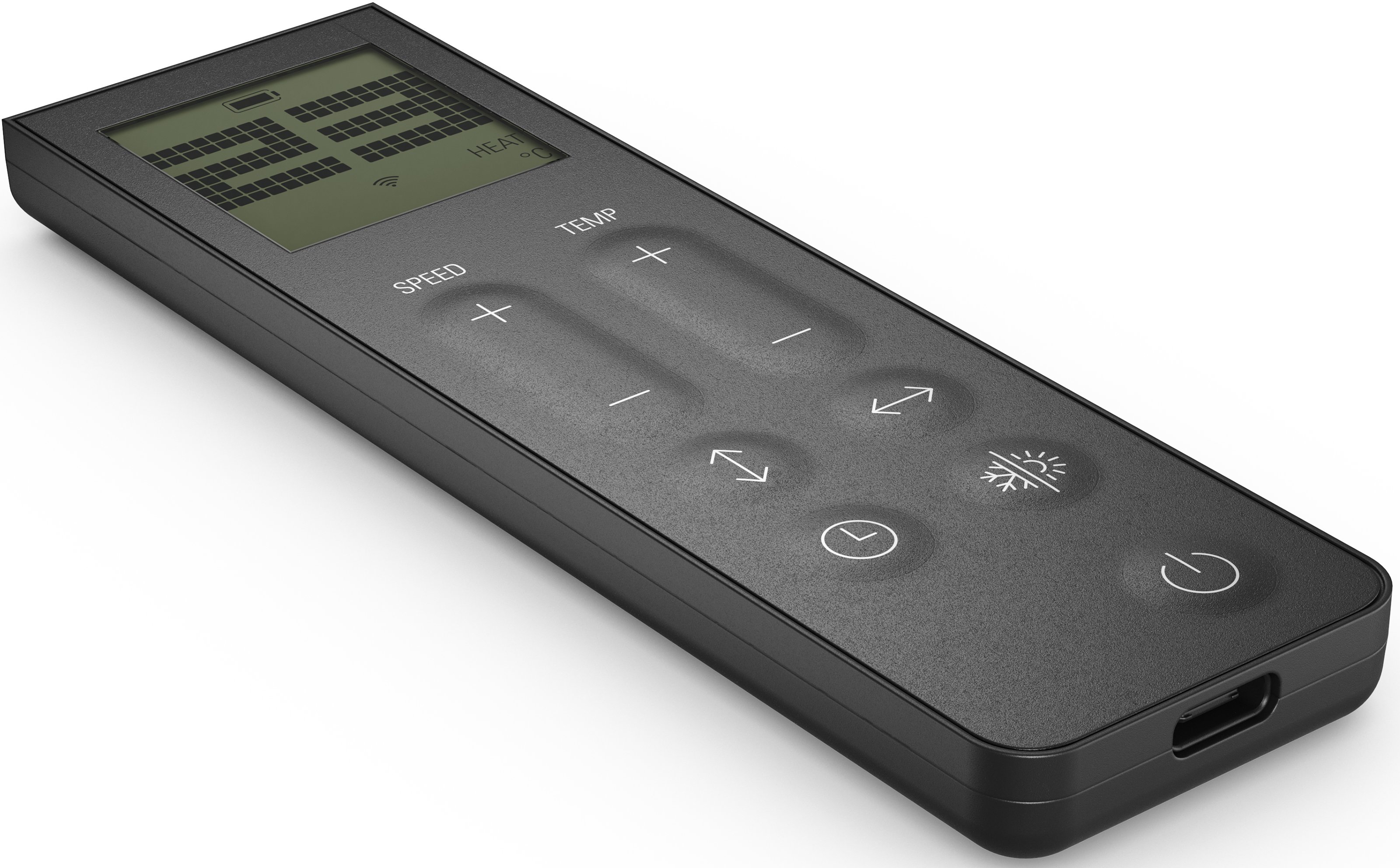 Schwarze Fernbedienung mit Display, Tasten und Ladeanschluss.