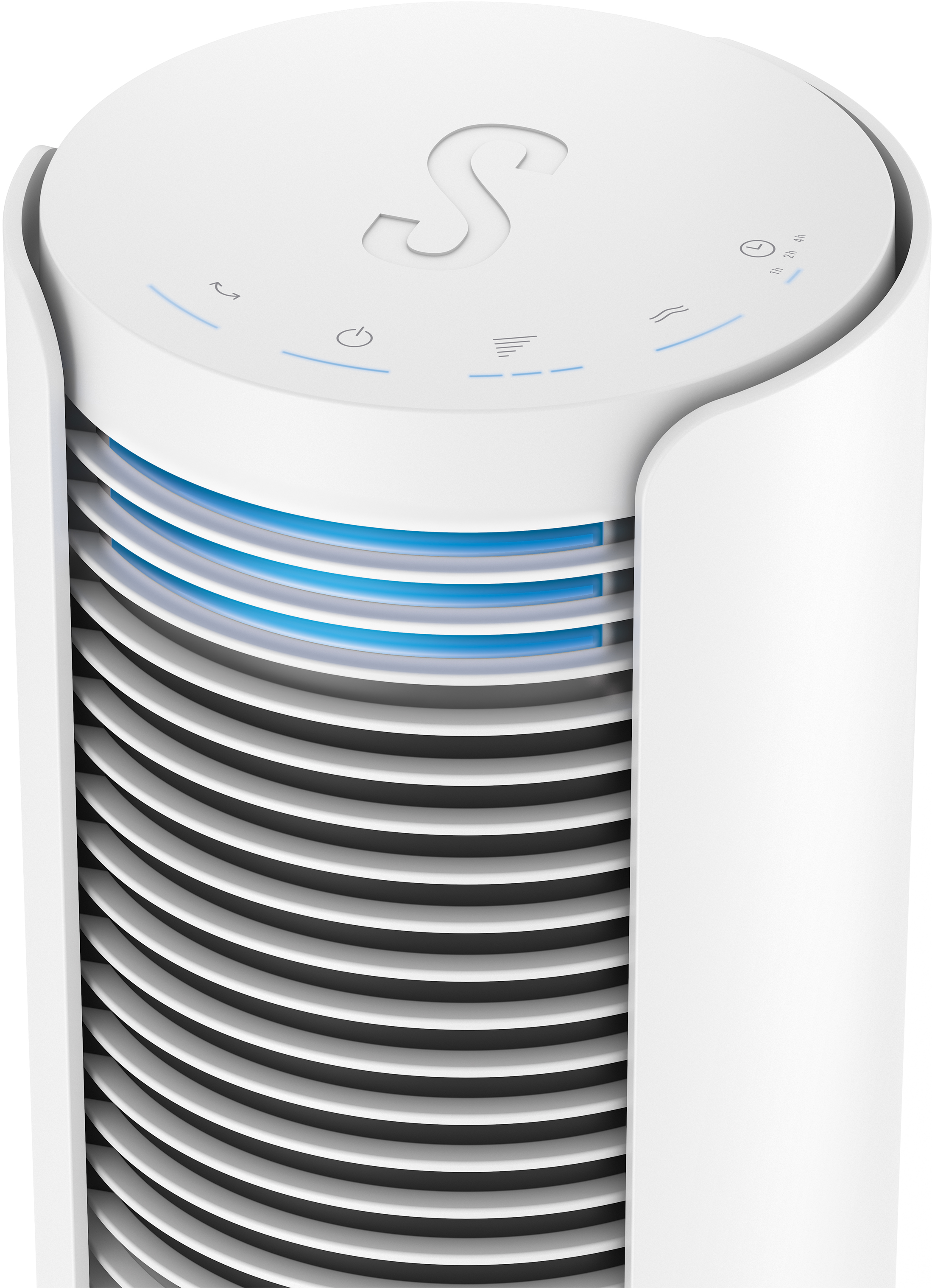 Purificatore d'aria bianco, cilindrico, con pannello superiore, logo e luci blu dietro la griglia.
