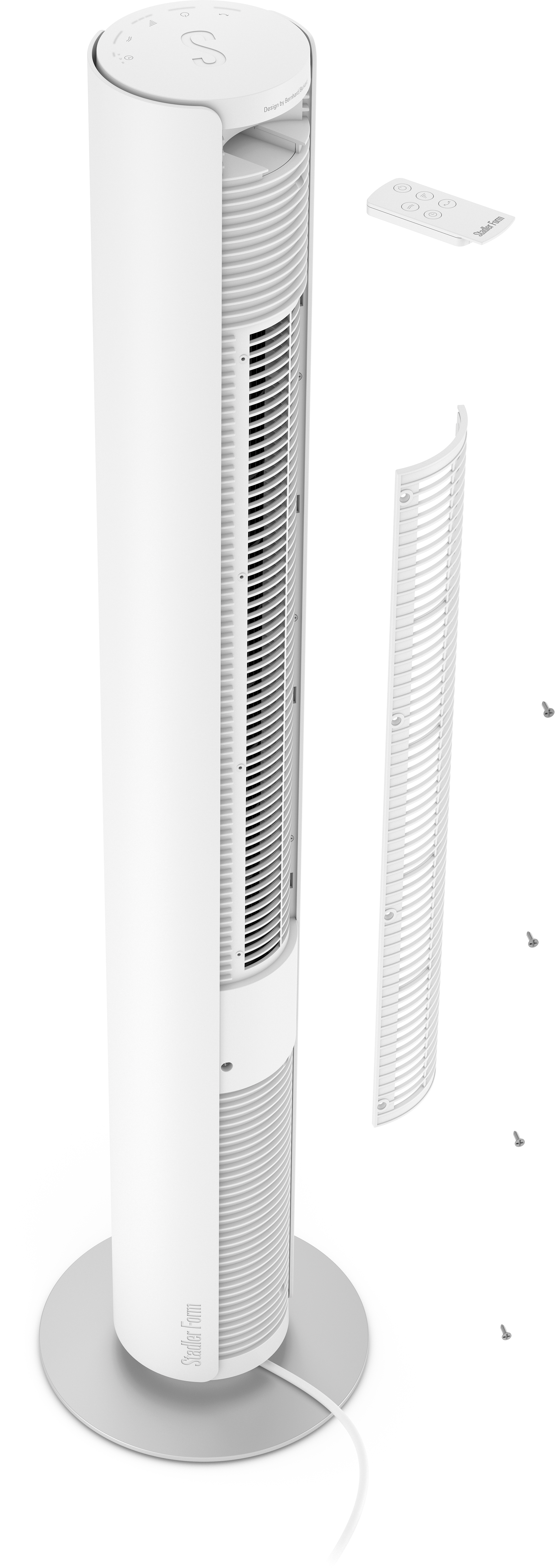 Ventilatore bianco e alto con parti staccabili e telecomando. La base è un cerchio argentato.